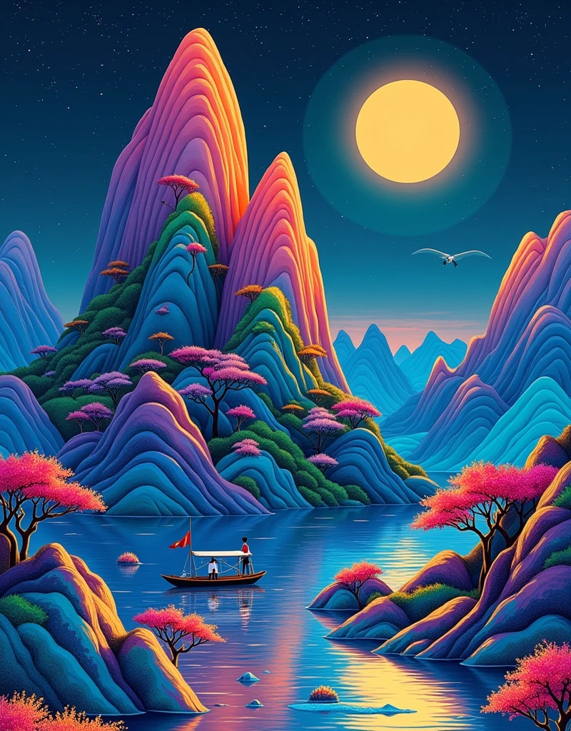 Dark Night Magic，James Turrell,Nick Veasey,Towering（Gilded，Dark Blue，Ink Black色）Mountain，透明张家界Mountain，Ni Chuanjing，Extreme composition，Perfect composition，Very fine golden sand，Flowing fabric style，Mountains in the distance，Tiny crane and boat，Warm sun，Gilded，Dark Blue，Ink Black，Texture Matte，Artistic ink painting，Chen Jialing，High saturation color，Immerse yourself in the three-dimensional landscape like the Thousand Miles of Rivers and Mountains，Incorporating cyberpunk-style colors，Fluorescent colors，Cinematic Lenses，Master Composition