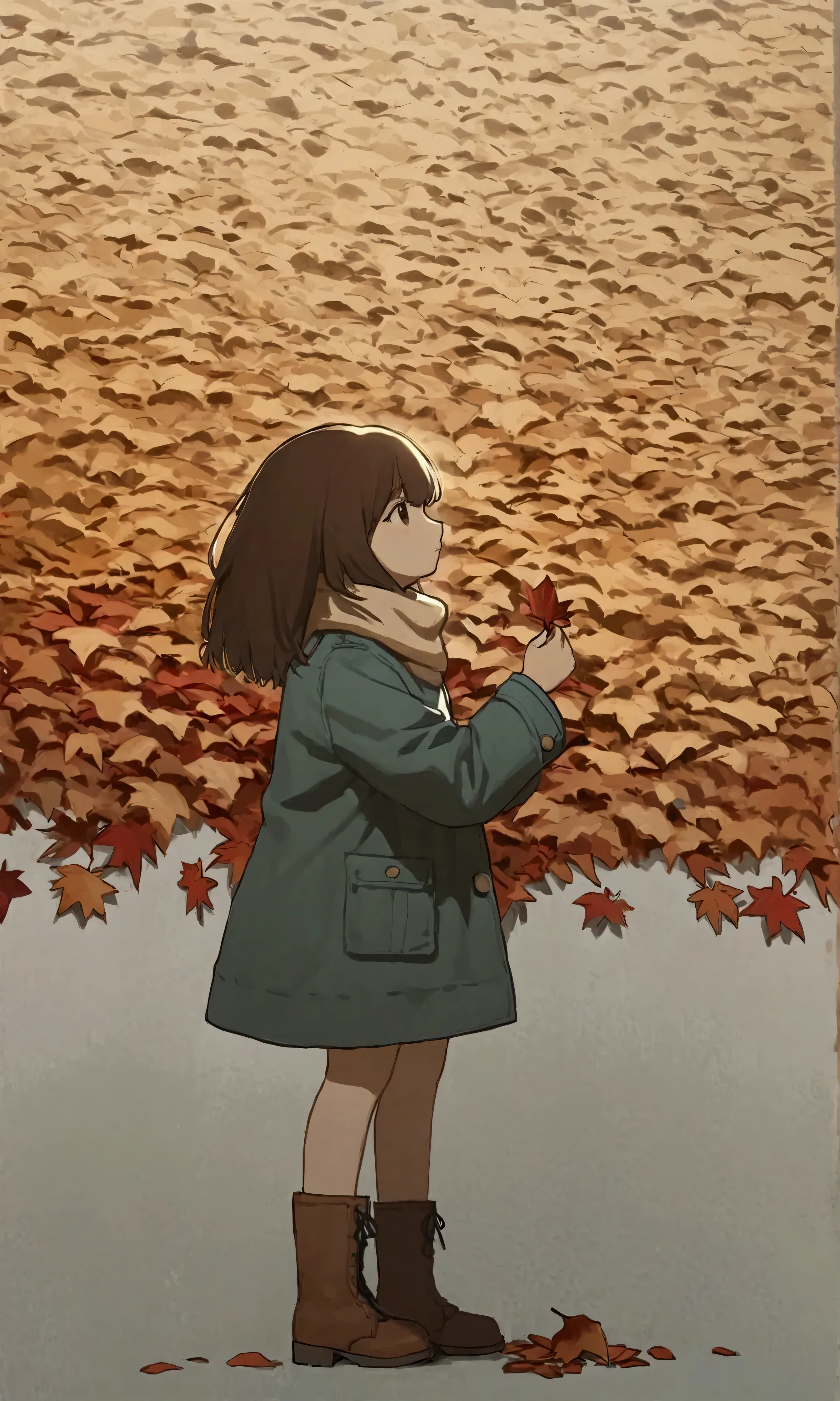 
(autumn colored soft layer),(solo),1girl\(long brown hair, cute, autumnal attire, scarf, coat, boots, pinching leaves\(which are shining golden through the sunlight),full body,looking away\\),(from side:1.5), long shot, (simple minimalism white background:1.5), BREAK ,quality\(masterpiece, best quality,8k,wallpaper of extremely detailed CG unit, high resolution, top-quality, top-quality real texture skin, hyper realistic, increase the resolution, RAW photos, best quality, highly detailed, the wallpaper,golden ratio,high saturation realism, vibrant colors, dramatic lighting, persuasive storytelling, atmospheric scenery, captivating visuals, intricate details, strong emotions,dreamlike world\),
