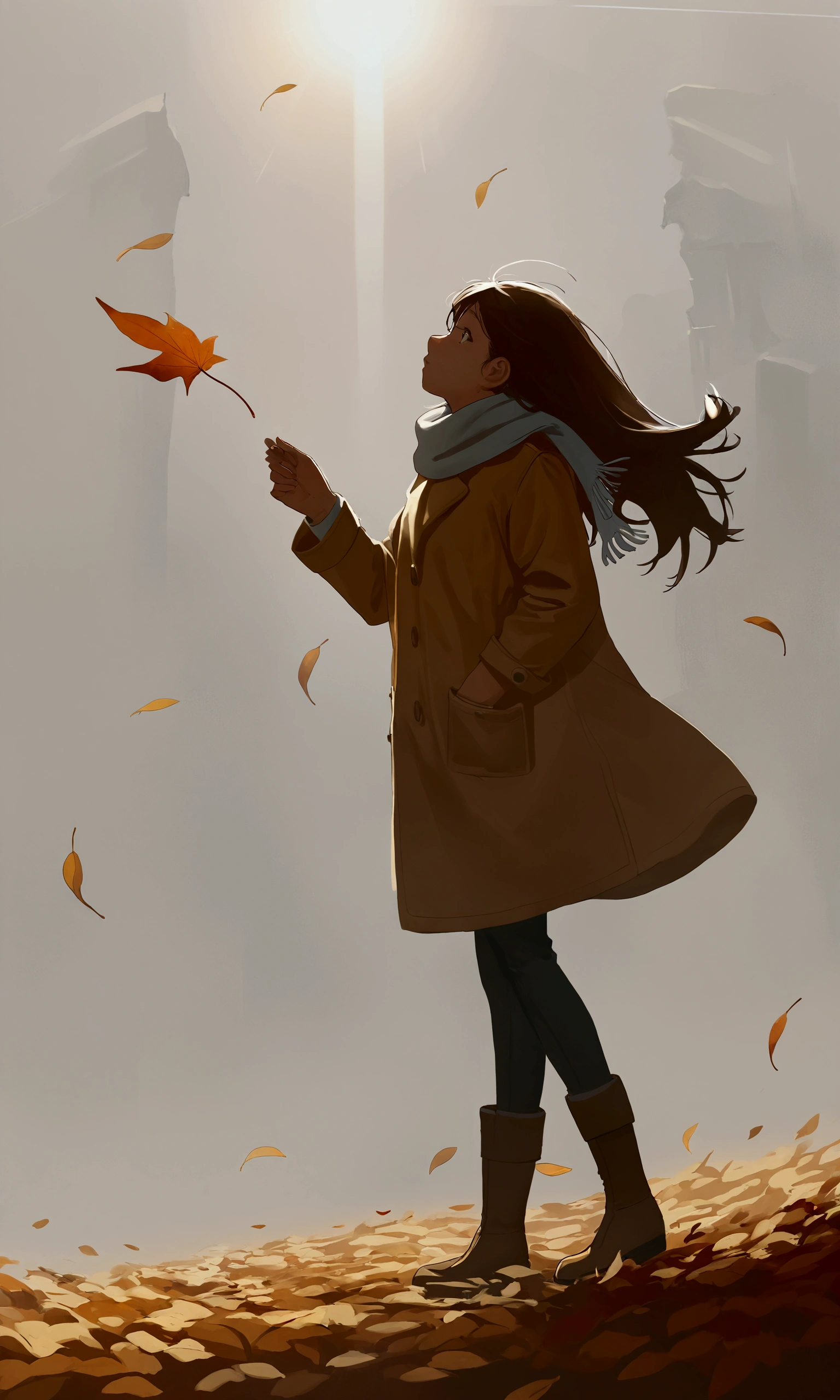 
(autumn colored soft layer),(solo),1girl\(long brown hair, cute, autumnal attire, scarf, coat, boots, pinching leaves\(which are shining golden through the sunlight),full body,looking away\\),(from side:1.5), long shot, (simple minimalism white background:1.5), BREAK ,quality\(masterpiece, best quality,8k,wallpaper of extremely detailed CG unit, high resolution, top-quality, top-quality real texture skin, hyper realistic, increase the resolution, RAW photos, best quality, highly detailed, the wallpaper,golden ratio,high saturation realism, vibrant colors, dramatic lighting, persuasive storytelling, atmospheric scenery, captivating visuals, intricate details, strong emotions,dreamlike world\),
