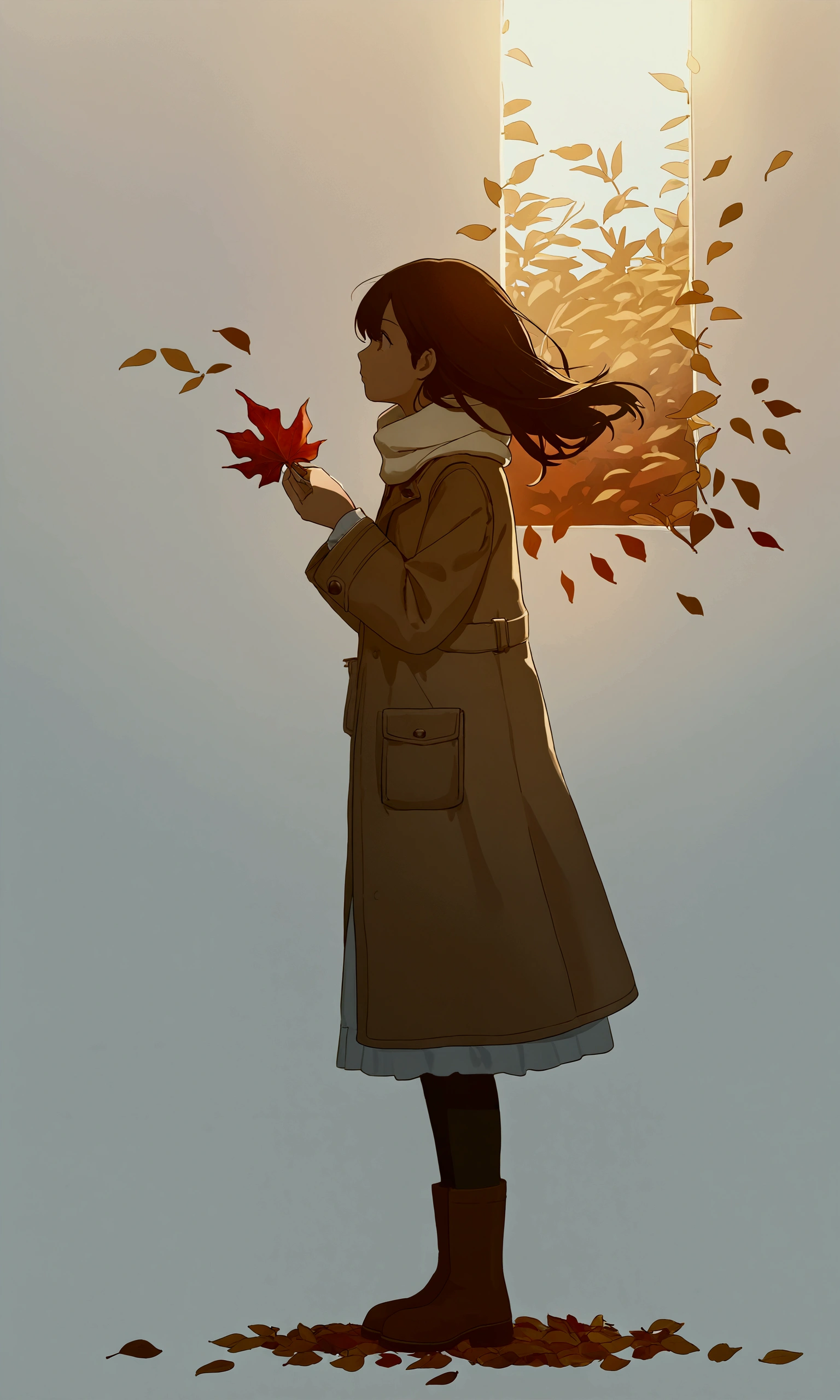 
(autumn colored soft layer),(solo),1girl\(long brown hair, cute, autumnal attire, scarf, coat, boots, pinching leaves\(which are shining golden through the sunlight),full body,looking away\\),(from side:1.5), long shot, (simple minimalism white background:1.5), BREAK ,quality\(masterpiece, best quality,8k,wallpaper of extremely detailed CG unit, high resolution, top-quality, top-quality real texture skin, hyper realistic, increase the resolution, RAW photos, best quality, highly detailed, the wallpaper,golden ratio,high saturation realism, vibrant colors, dramatic lighting, persuasive storytelling, atmospheric scenery, captivating visuals, intricate details, strong emotions,dreamlike world\),
