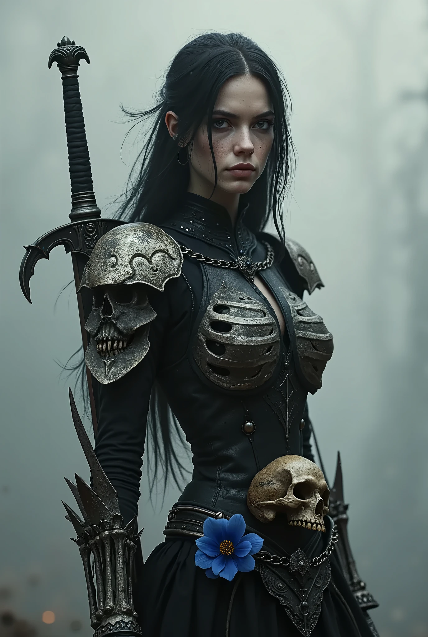 Arafed woman in a black dress holding a sword and a skull - SeaArt AI