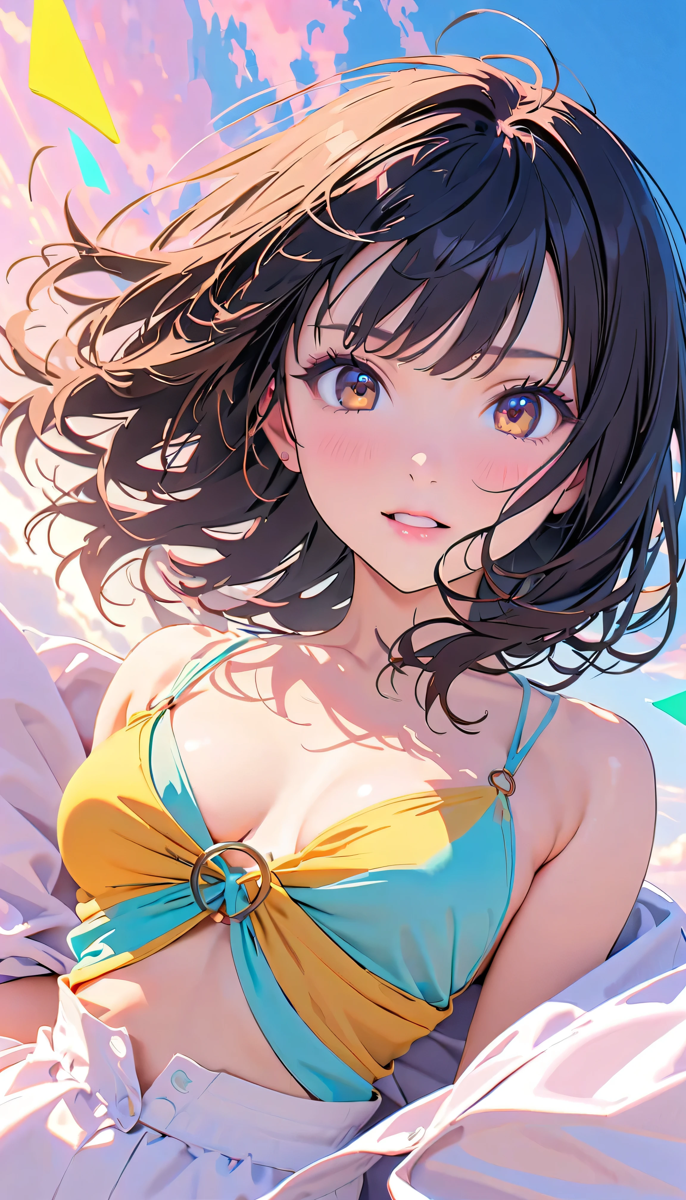 Best Quality, Very detailed, High resolution, Vibrant, masterpiece, Best Quality, Best aesthetics, One Woman, Super Fine, 8k, Very detailed, Beautiful Goddess, Pastel colored clouds, Pop Art, Delicate and dynamic, Pastel Color Fantasy, Black Hair, official art, Dynamic Angle