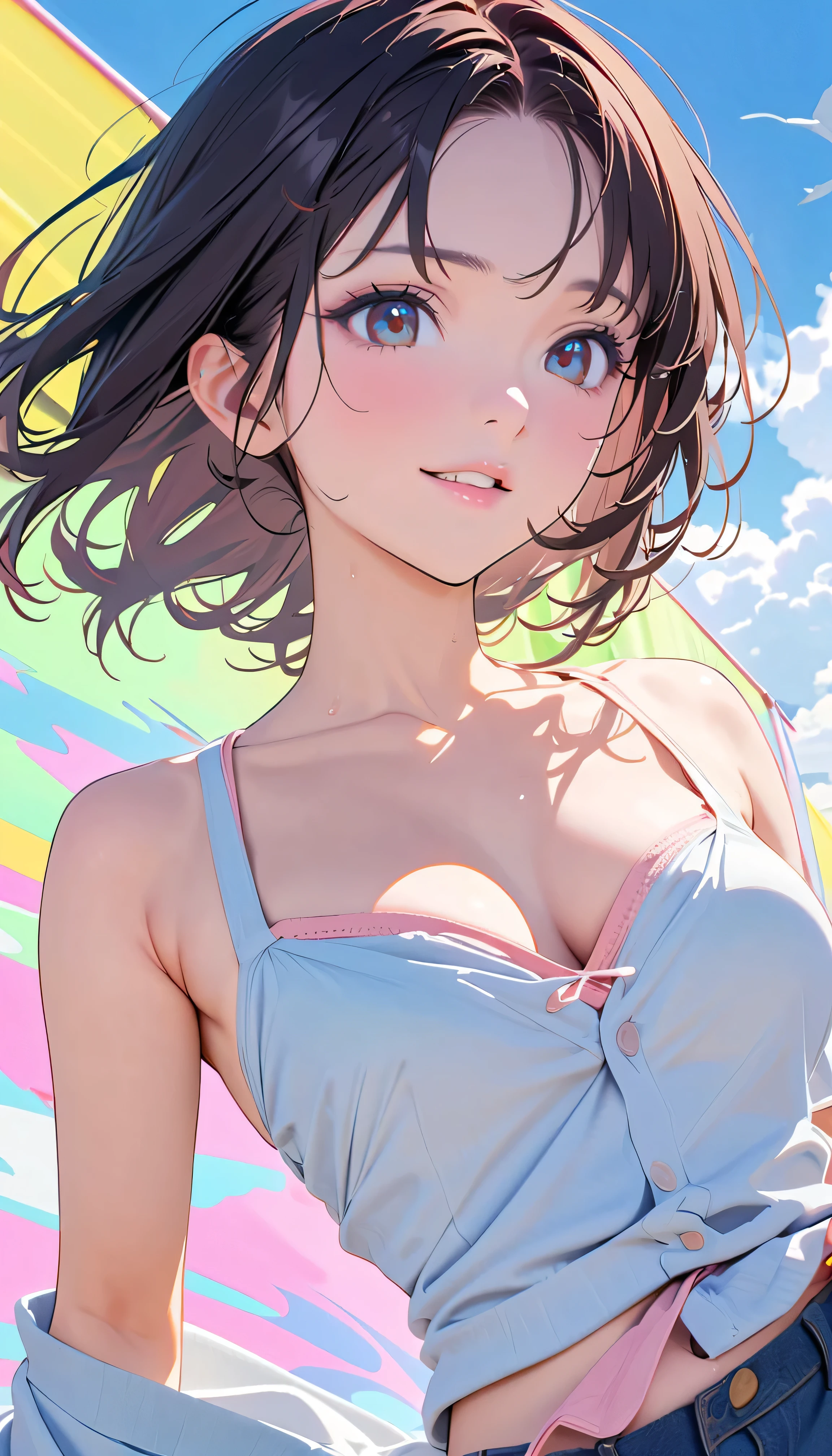 Best Quality, Very detailed, High resolution, Vibrant, masterpiece, Best Quality, Best aesthetics, One Woman, Super Fine, 8k, Very detailed, Beautiful Goddess, Pastel colored clouds, Pop Art, Delicate and dynamic, Pastel Color Fantasy, Black Hair, official art, Dynamic Angle