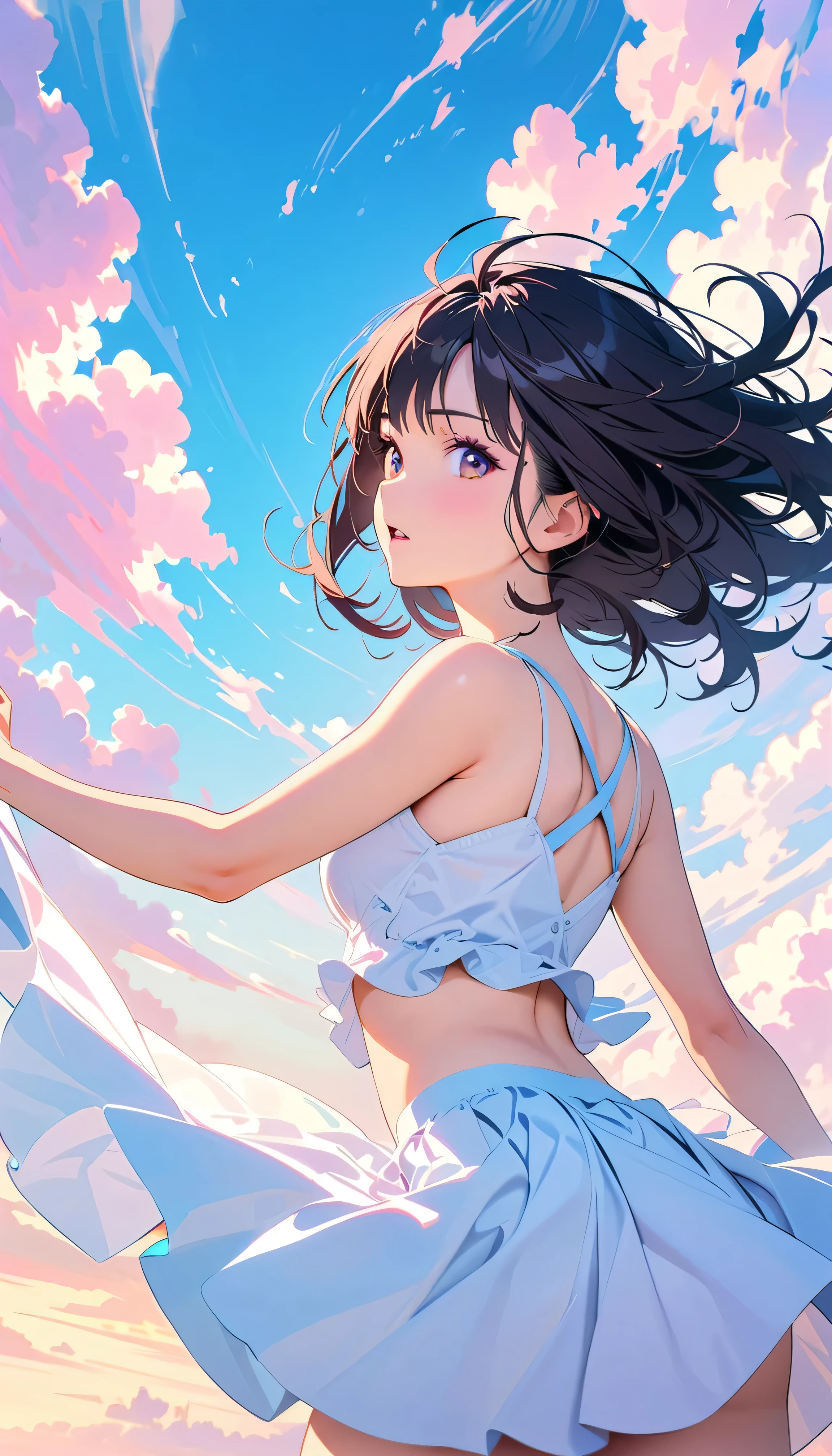 Best Quality, Very detailed, High resolution, Vibrant, masterpiece, Best Quality, Best aesthetics, One Woman, Super Fine, 8k, Very detailed, Beautiful Goddess, Pastel colored clouds, Pop Art, Delicate and dynamic, Pastel Color Fantasy, Black Hair, official art, Dynamic Angle