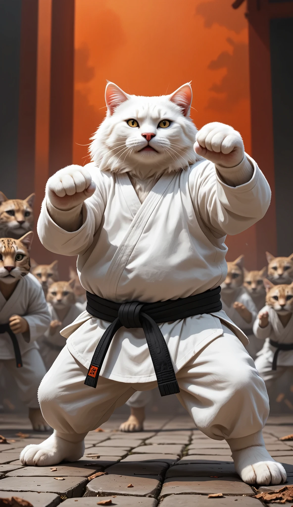  a large, fluffy white cat with a round belly, training karate punch, black belt, group big cat,orange and black, happy face