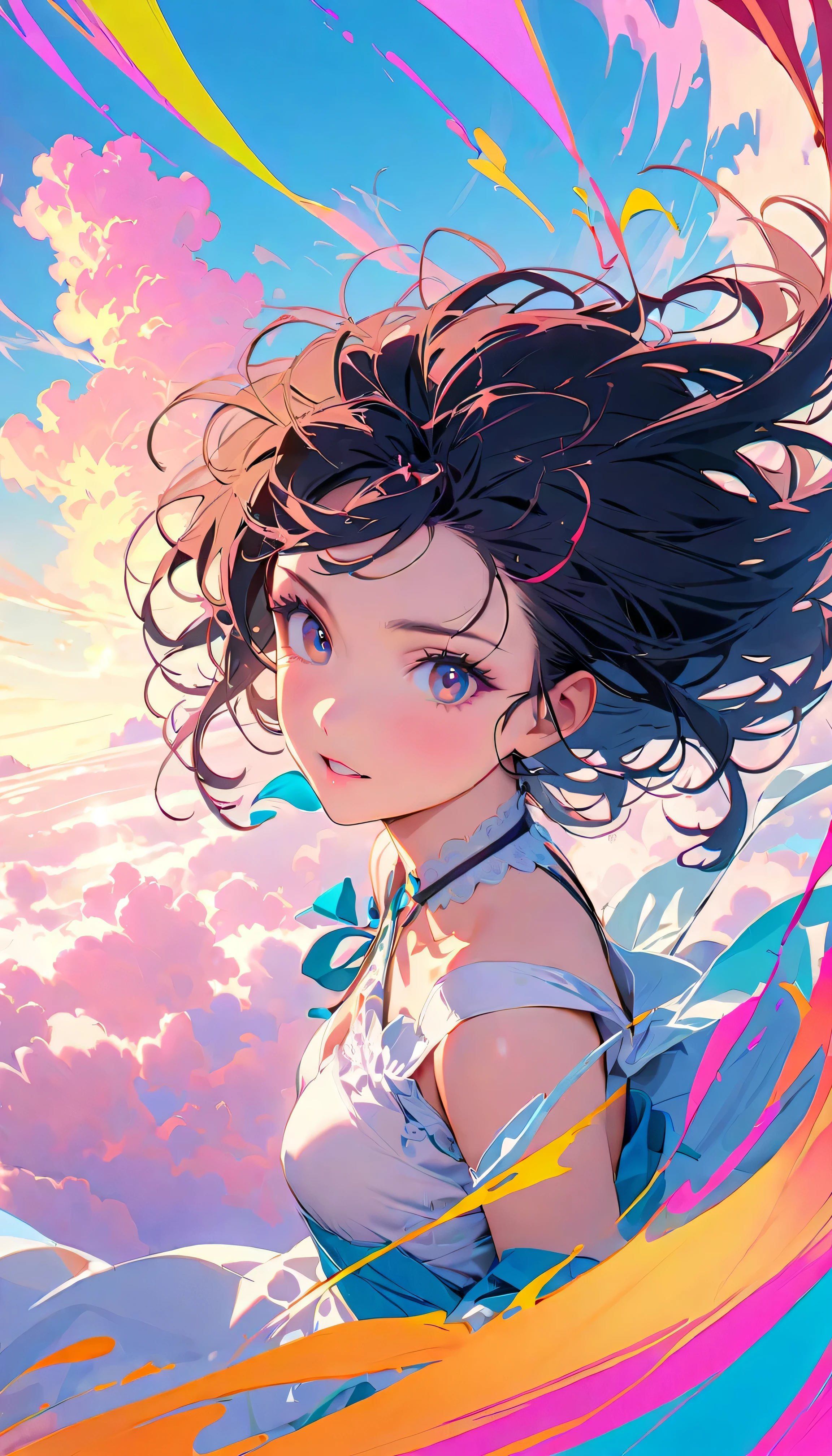 Best Quality, Very detailed, High resolution, Vibrant, masterpiece, Best Quality, Best aesthetics, One Woman, Super Fine, 8k, Very detailed, Beautiful Goddess, Pastel colored clouds, Pop Art, Delicate and dynamic, Pastel Color Fantasy, Black Hair, official art, Dynamic Angle