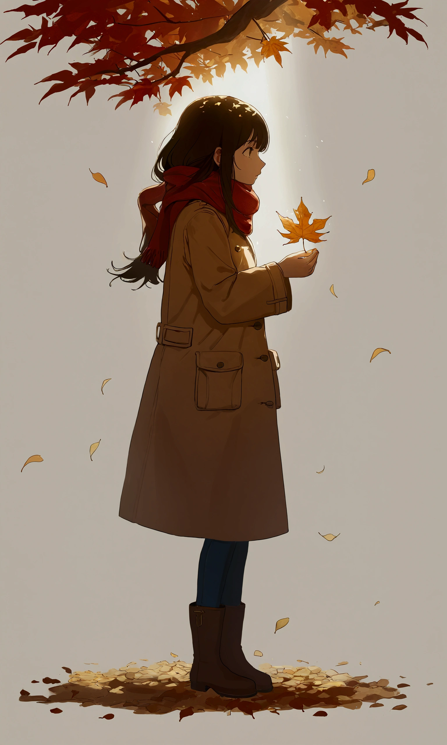 (autumn colored soft layer),(solo),1girl\(long brown hair, cute, autumnal attire, scarf, coat, boots, pinching leaves\(which are shining golden through the sunlight),full body,looking away\\),(from side:1.5), long shot, (simple minimalism white background:1.5), BREAK ,quality\(masterpiece, best quality,8k,wallpaper of extremely detailed CG unit, high resolution, top-quality, top-quality real texture skin, hyper realistic, increase the resolution, RAW photos, best quality, highly detailed, the wallpaper,golden ratio,high saturation realism, vibrant colors, dramatic lighting, persuasive storytelling, atmospheric scenery, captivating visuals, intricate details, strong emotions,dreamlike world\),