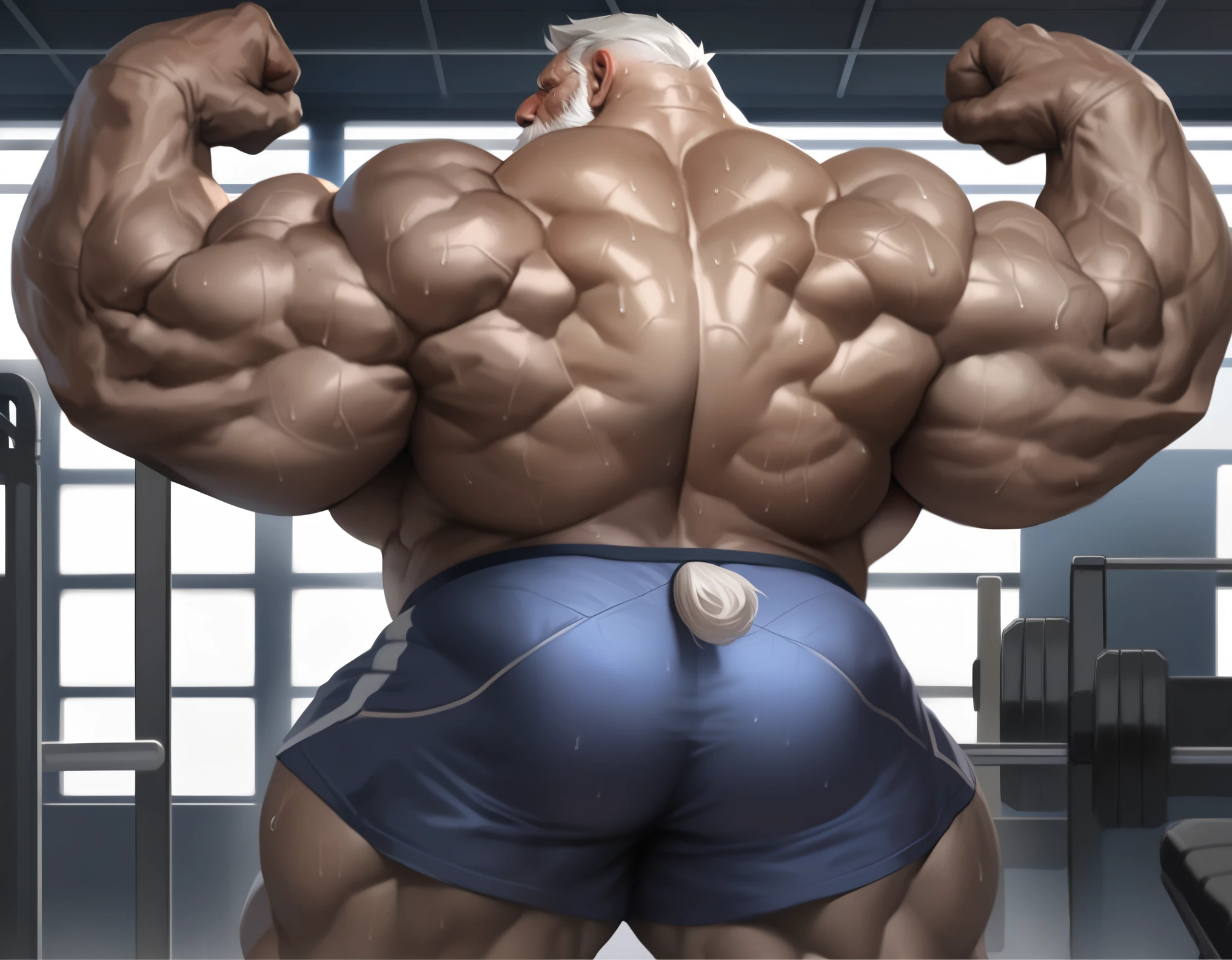 solo, 1boy, Muscular old man, wide shoulder, flexing, (wide back, massive back muscle, back view), thick arms, standing in gym, short white hair, detailed, back view, shorts, sweat, shirtless, masterpiece, semirealistic:1.2, high detailed, 8k, high resolution