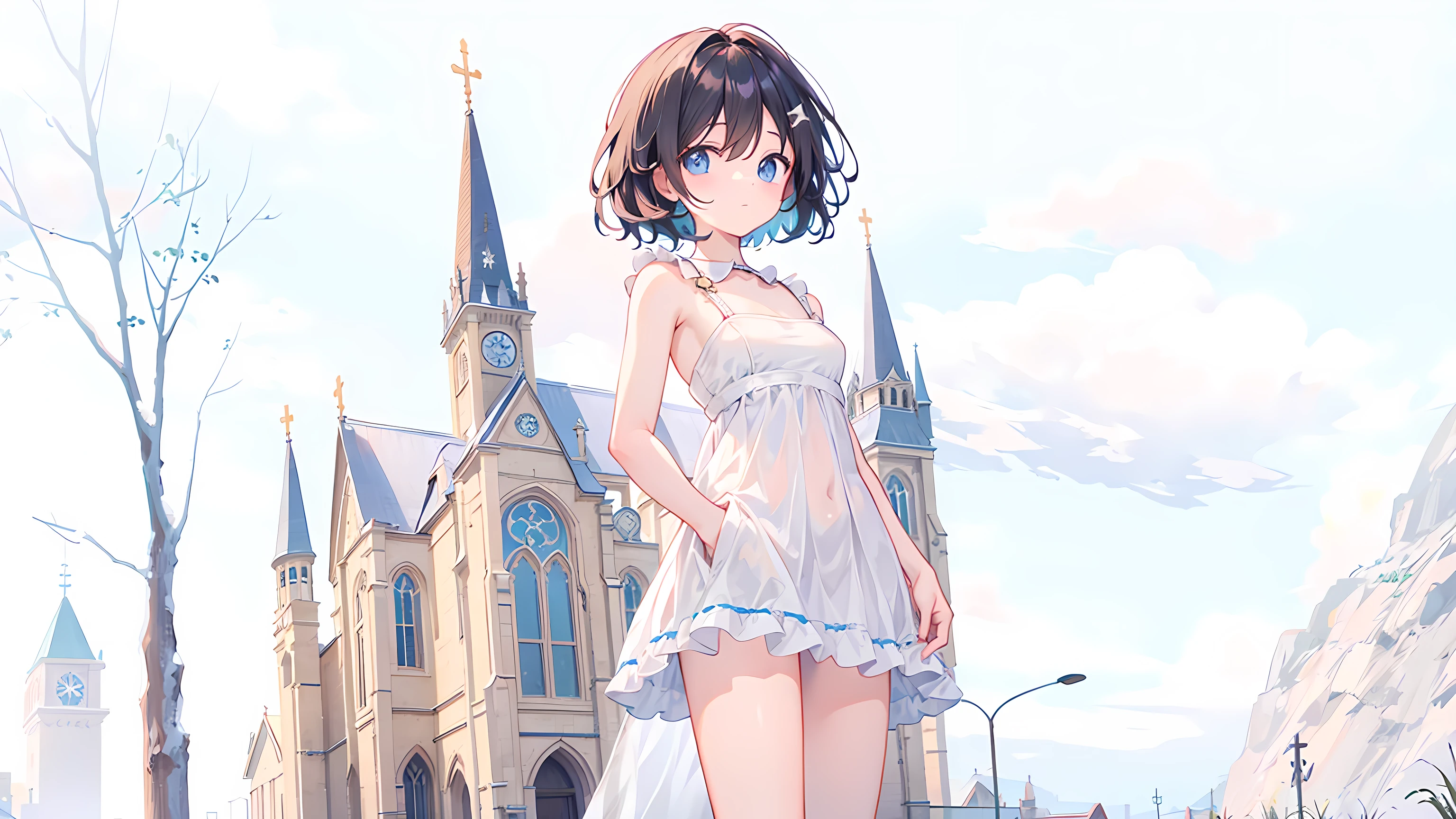 masterpiece, best quality, 1 girl, solo, , small breasts, Perfect Face, beautiful, extra short hair, half undress, undertaker, church, nsfw,on stomach,