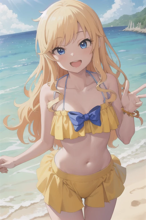 ohtsuki yui, One girl, Alone, Blonde, Long Hair,, blue eyes, Have, smile,  View your viewers, Open your mouth, chest, Wavy Hair, large chest,bikini,Beach Skirt,Seaside,,Pareo