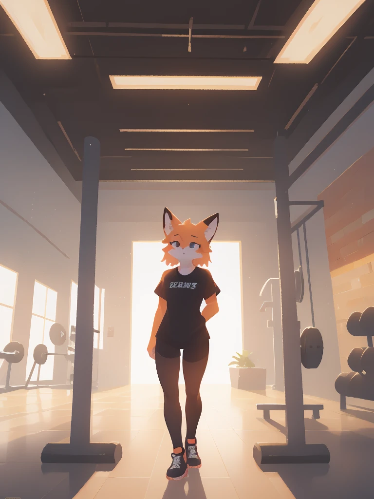 Furry, fox, female, black shirt, black leggings, shoes, gym, teen, standing, full body