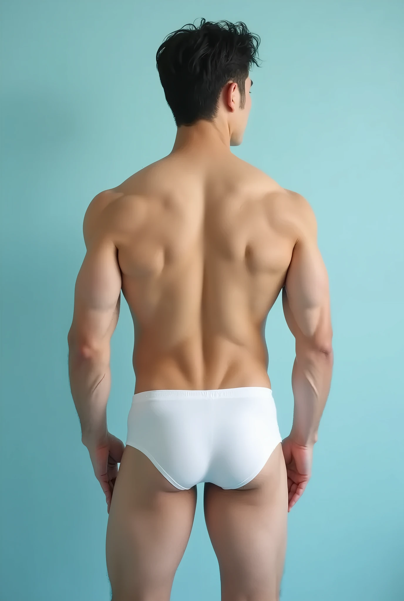 A composite image of a 21 year old, white man with brown hair, wearing a speedo, seen from the front, side, and back