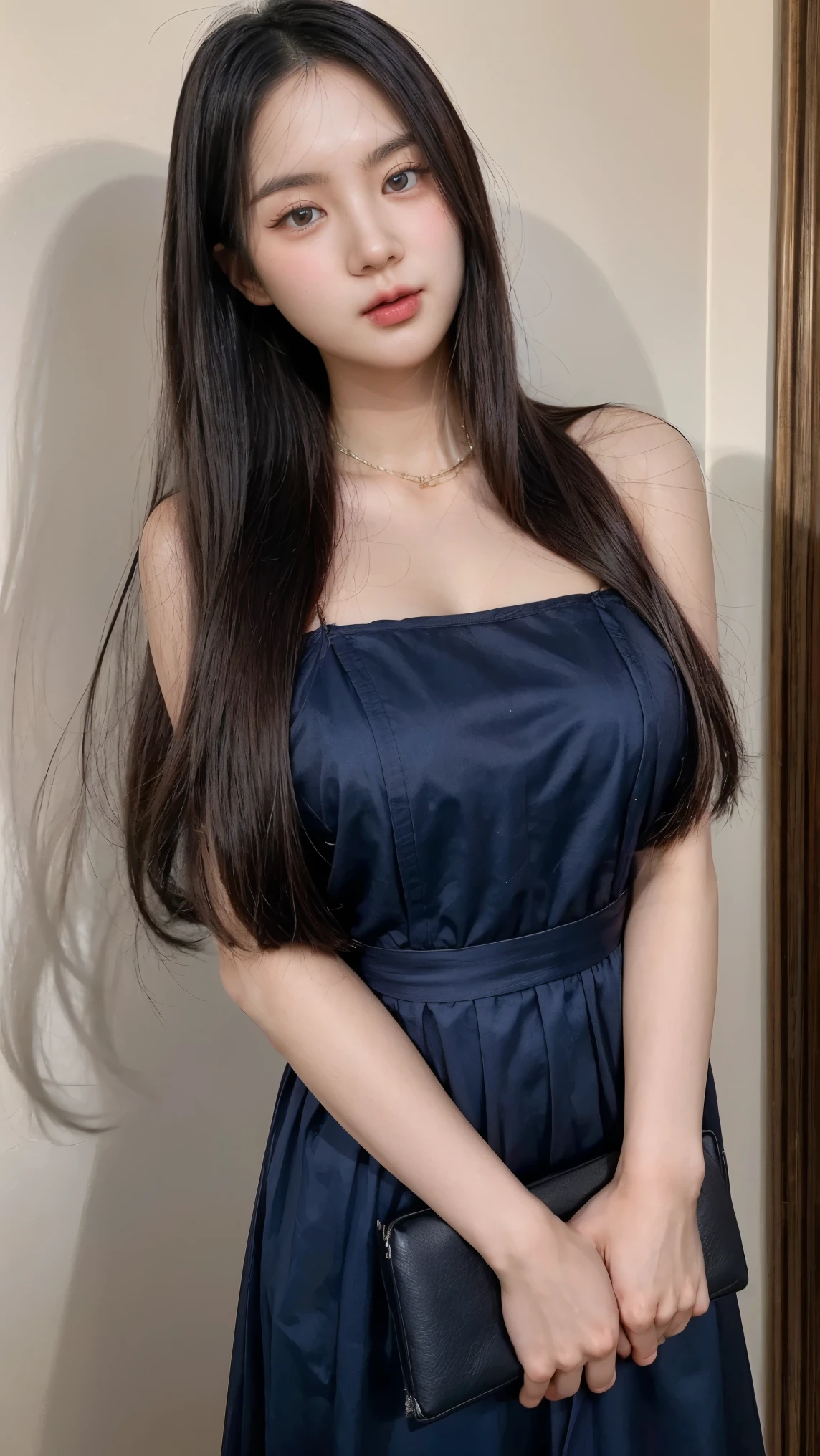 A photo of a confident and striking Korean woman in a cheerful yet calm pose, with beautiful large breasts. Her hair is long and straight in a dark blue color. She is wearing maid dress. Her skin is fair with a subtle warmth. The background is minimalist with a soft gradient.
