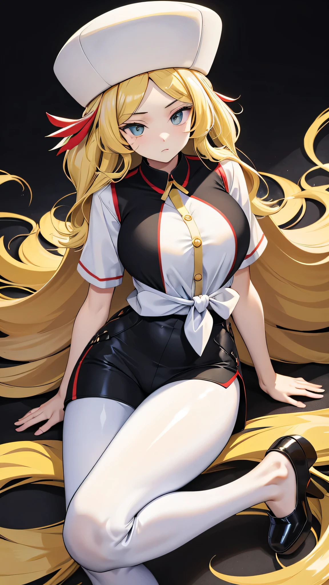 a sexy woman attractive big breast radical youth beautiful long wavy yellow hair wearing cap winter soviet golden her bright colorful eye wears white buttoned blouse tied knot short sleeve and long black pants big thigh sensual long golden heel