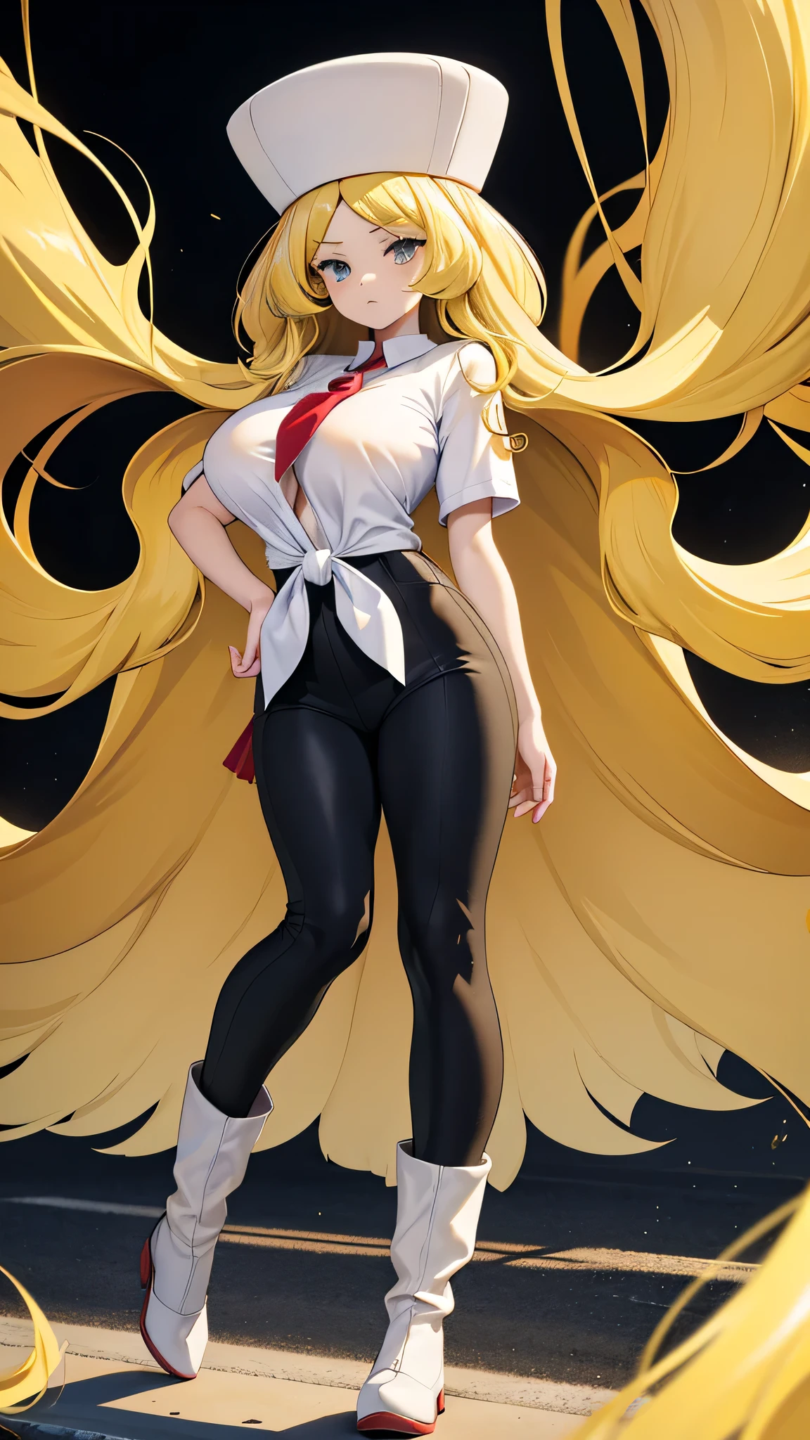 a sexy woman attractive big breast radical youth beautiful long wavy yellow hair wearing cap winter soviet golden her bright colorful eye wears white buttoned blouse tied knot short sleeve and long black pants big thigh sensual long golden heel