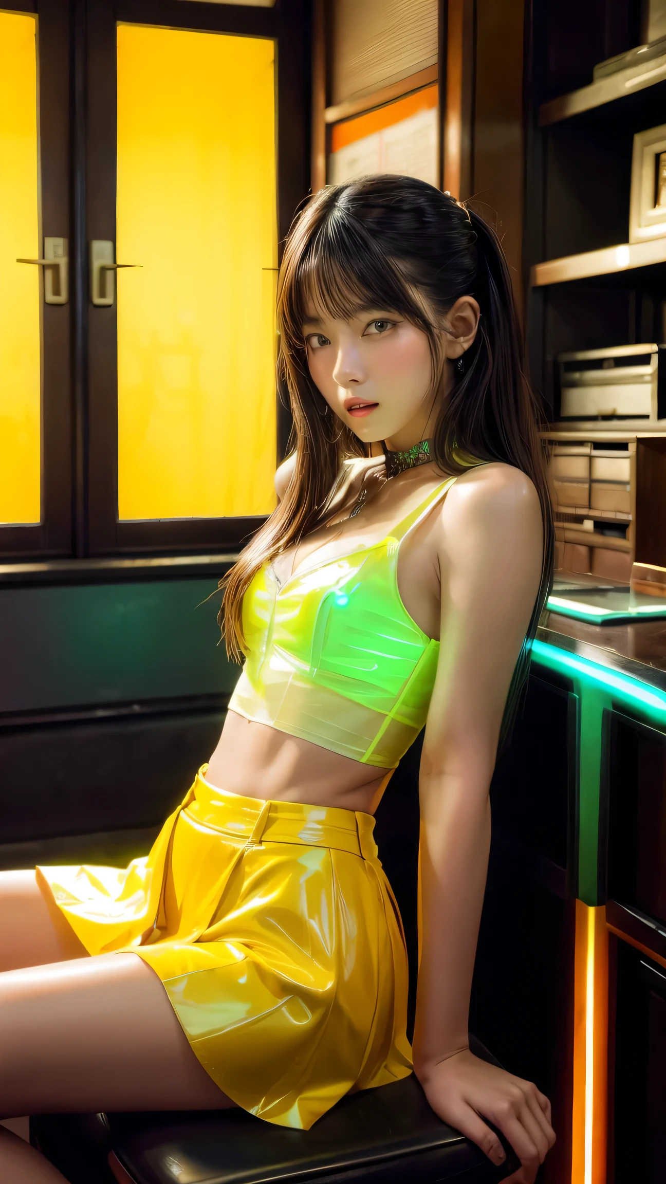 (8k, RAW Photo, Best Quality, Masterpiece: 1.2), Surreal, Ultra HD, Cinema Lighting, (Medium Chest: 1.5), High Resolution, (Fluorescent: 1.4), (Translucent: 1.4), (Vintage Filter: 1.4), (Fantasy: 1.4), stylish fashion Japan young female model, dreamy and ethereal atmosphere, office setting, standing next to a chair, elegant hair, toned legs, high heels, sheer pantyhose, wearing a fashionable short skirt, glowing, focus face