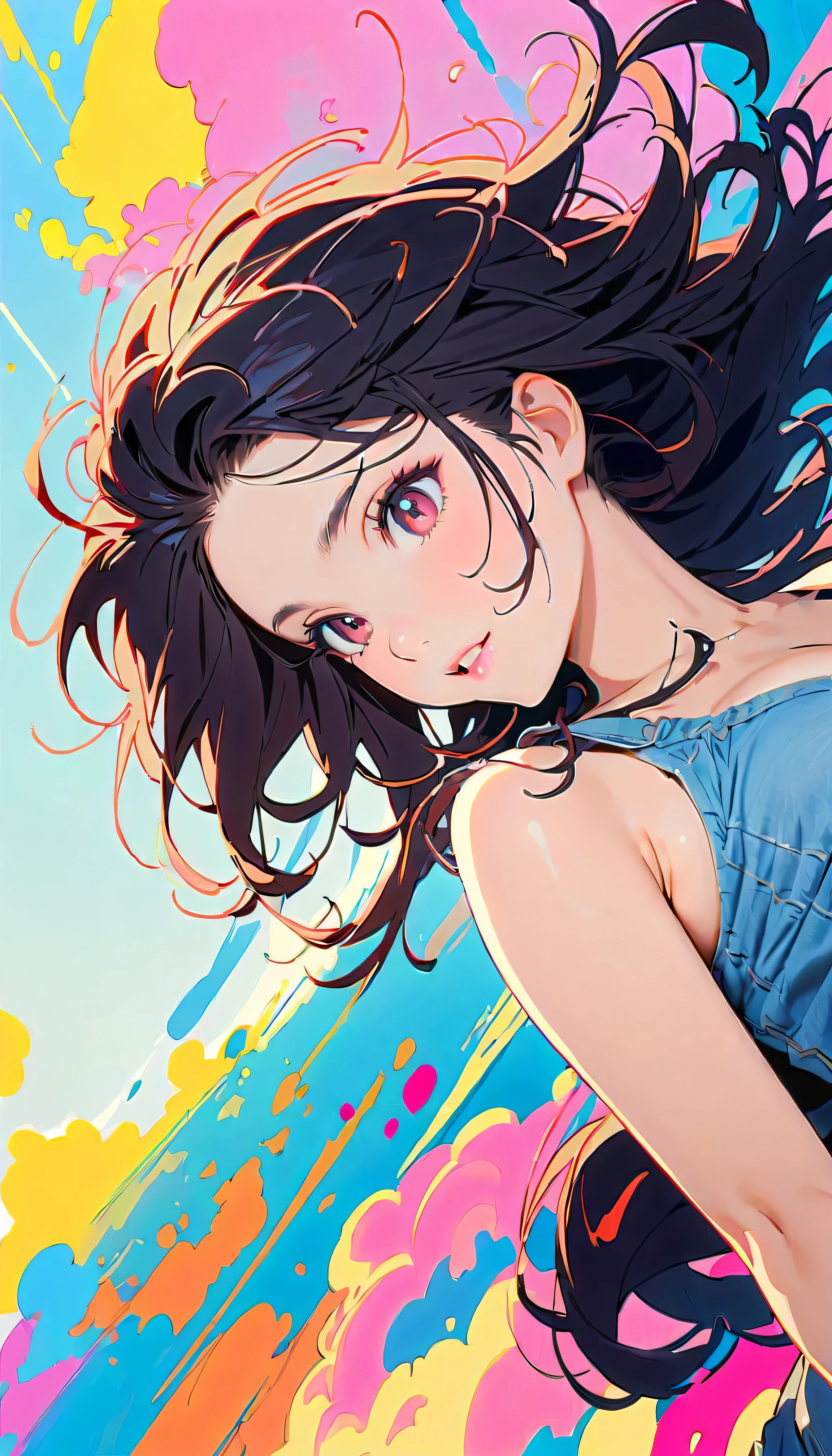 Best Quality, Very detailed, High resolution, Vibrant, masterpiece, Best Quality, Best aesthetics, One Woman, Super Fine, 8k, Very detailed, Beautiful Goddess, Pastel colored clouds, Pop Art, Delicate and dynamic, Pastel Color Fantasy, Black Hair, official art, Dynamic Angle