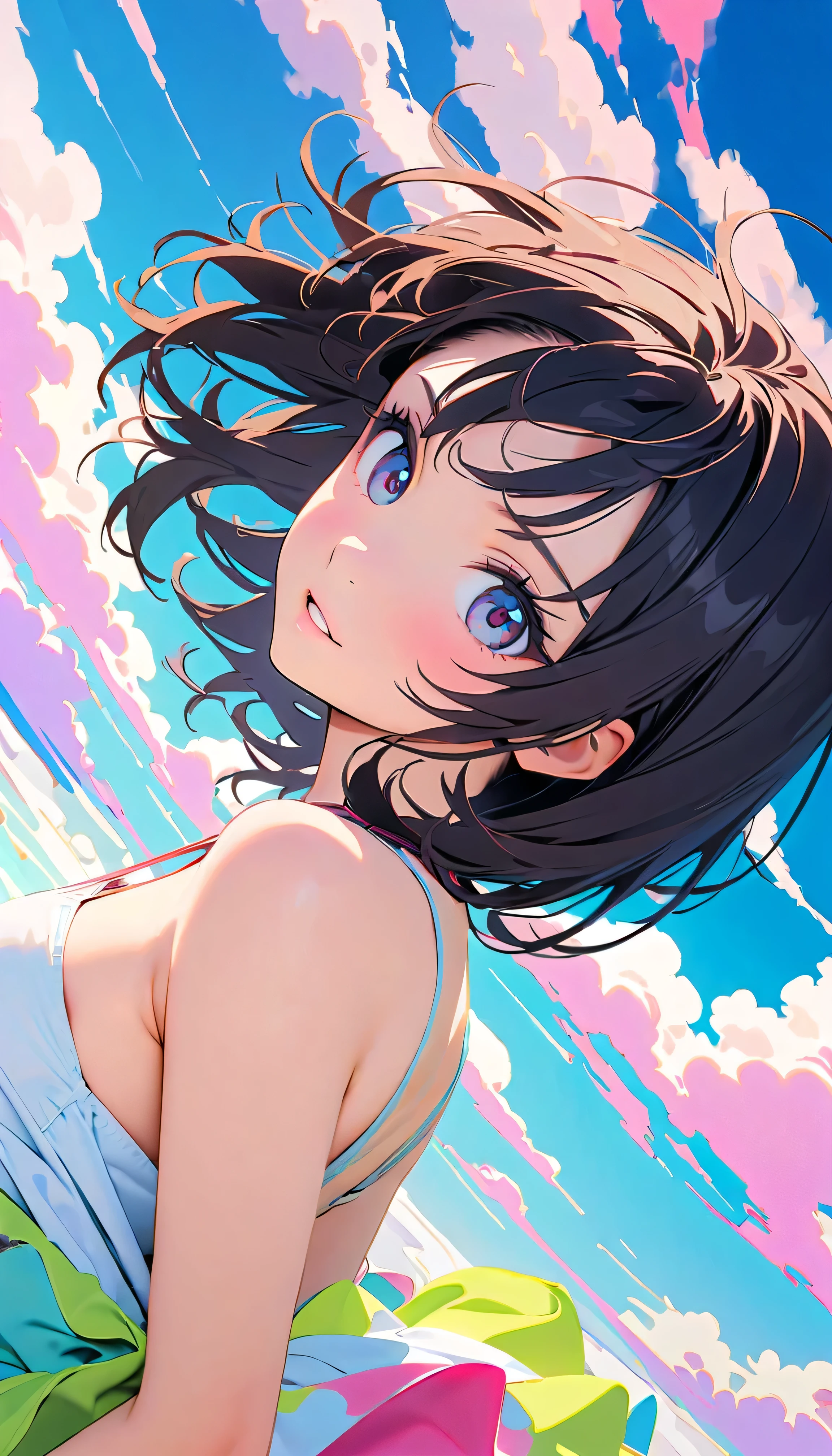 Best Quality, Very detailed, High resolution, Vibrant, masterpiece, Best Quality, Best aesthetics, One Woman, Super Fine, 8k, Very detailed, Beautiful Goddess, Pastel colored clouds, Pop Art, Delicate and dynamic, Pastel Color Fantasy, Black Hair, official art, Dynamic Angle