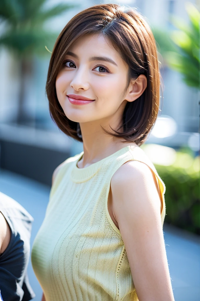 masterpiece, top quality, official art, highly detailed CG unity 8k wallpaper, single girl, ultra high definition, (photorealistic: 1.4), golden hour lighting, sweater dress, (upper body), (Kpop Idol), (charming: 1), (platinum short hair: 0.8), ((puffy eyes)), looking at the viewer, facing forward, smiling, laughing,middle chest, Shirt Lift, Gloves, Short Hair,