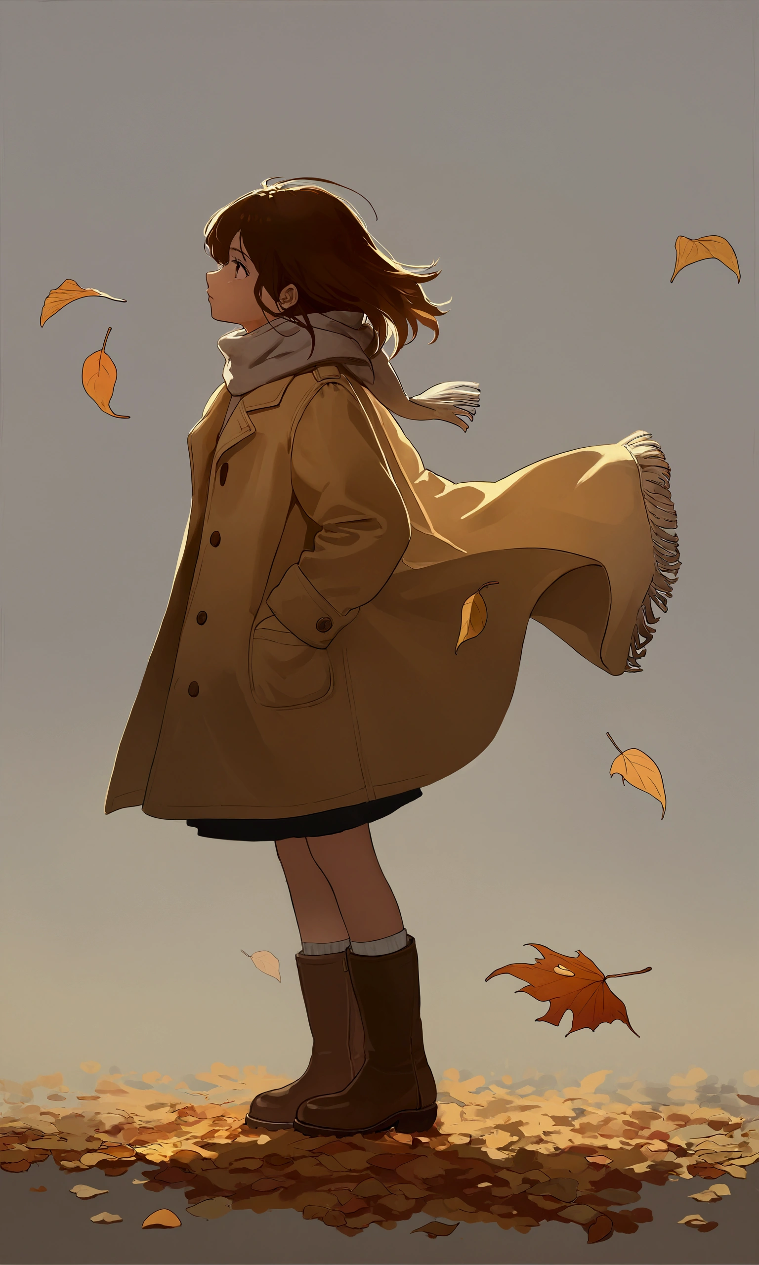 (autumn colored soft layer),(solo),1girl\(long brown hair, cute, autumnal attire, scarf, coat, boots, pinching leaves\(which are shining golden through the sunlight),full body,looking away\\),(from side:1.5), long shot, (simple minimalism white background:1.5), BREAK ,quality\(masterpiece, best quality,8k,wallpaper of extremely detailed CG unit, high resolution, top-quality, top-quality real texture skin, hyper realistic, increase the resolution, RAW photos, best quality, highly detailed, the wallpaper,golden ratio,high saturation realism, vibrant colors, dramatic lighting, persuasive storytelling, atmospheric scenery, captivating visuals, intricate details, strong emotions,dreamlike world\),