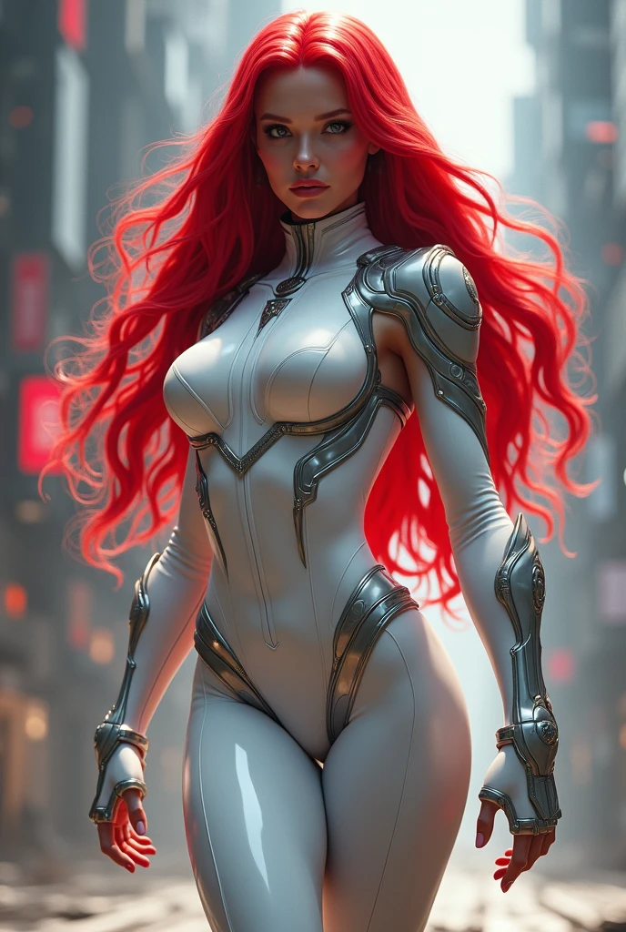 Best quality, 8K, woman vintage super hero, beautiful and detailed face, red curly long hair,big eyelashes,LOOKING TO observer,silver metalic armour over TAN bodystocking, black belt,sci-fi RETRO SPACESHIP scenario