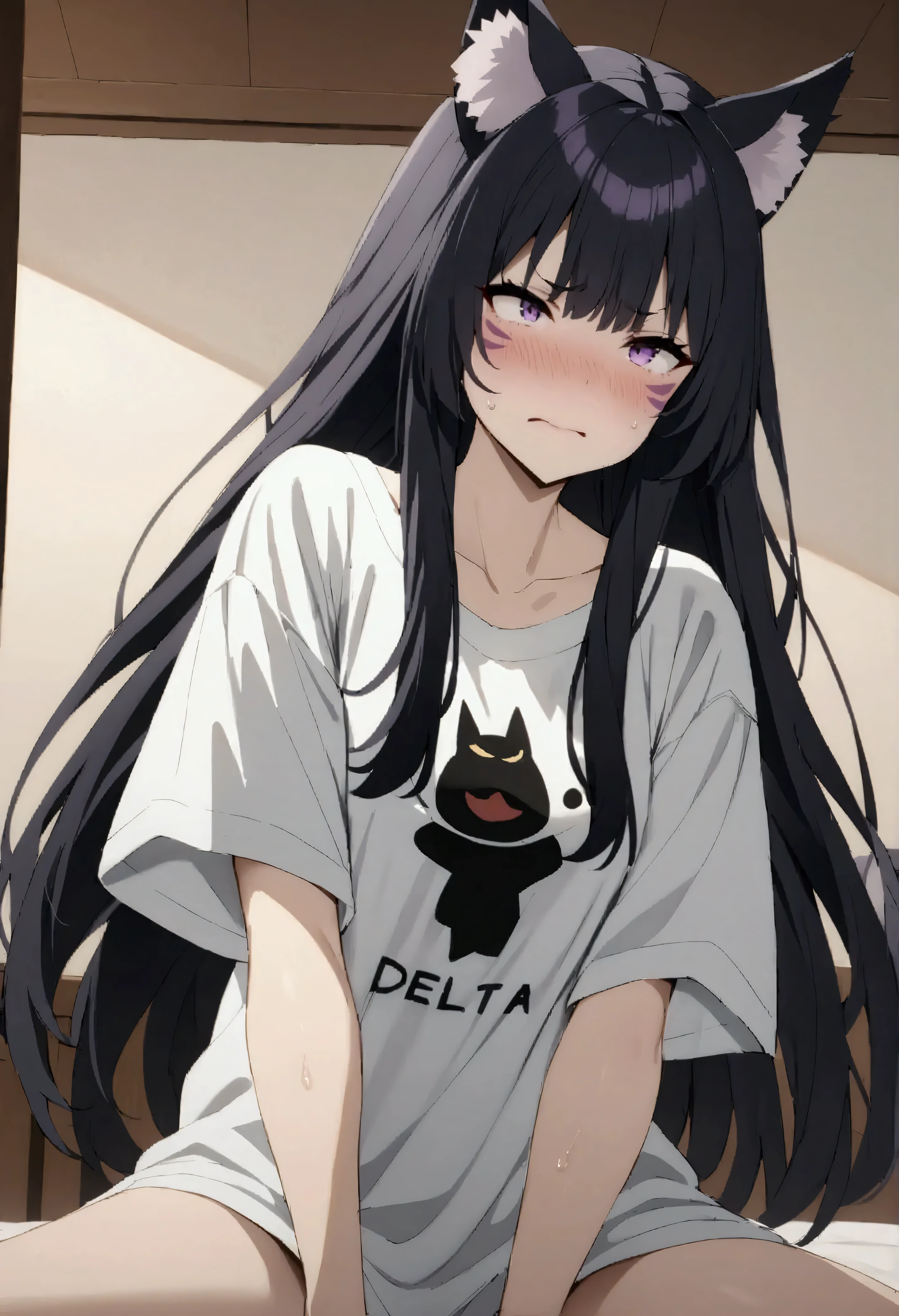 NSFW,masterpiece,Best Quality,High resolution,Very detailed,delta\(I want to be a powerful figure behind the scenes\),Long Hair、Black Hair、Animal ears、Purple Eyes、Cat ears、Animal earsの毛、Face mark、Oversized T-shirt,Frustrated face,blush,bed