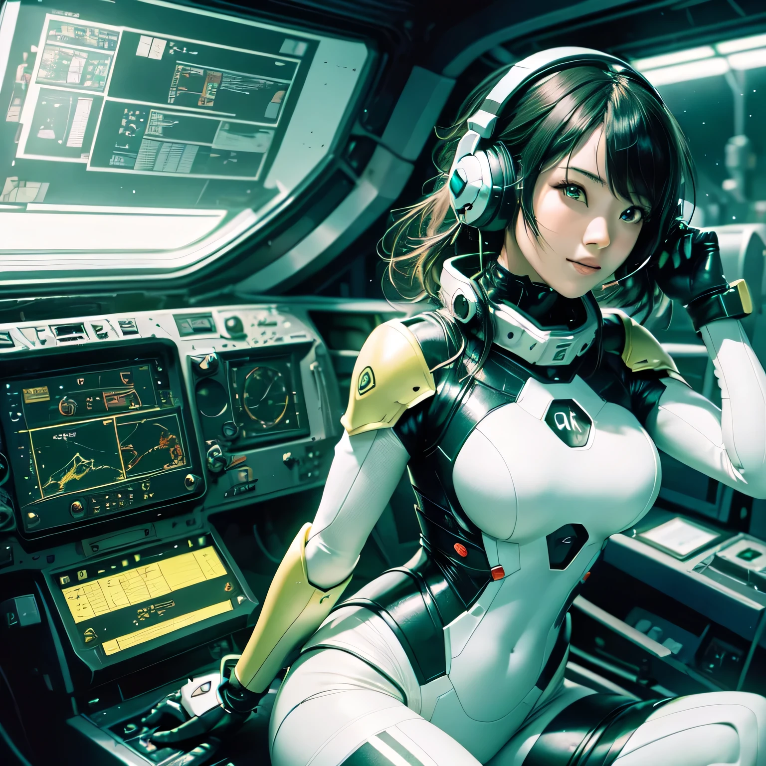 1 girl,Shortcut sitting in the cockpit of a robot wearing Eva's plug suit,Handsome like a gravure idol,cool girl,Short-cut black hair like a boy,She's thin but her breasts are big,Put on a red plug suit and sit in the cockpit,Precision-written plug suit,anatomically correct,precise fingers,Sitting in the cockpit,The cockpit of a futuristic robot that has been meticulously crafted,Outside is a space,masterpiece,High level image quality,SF style