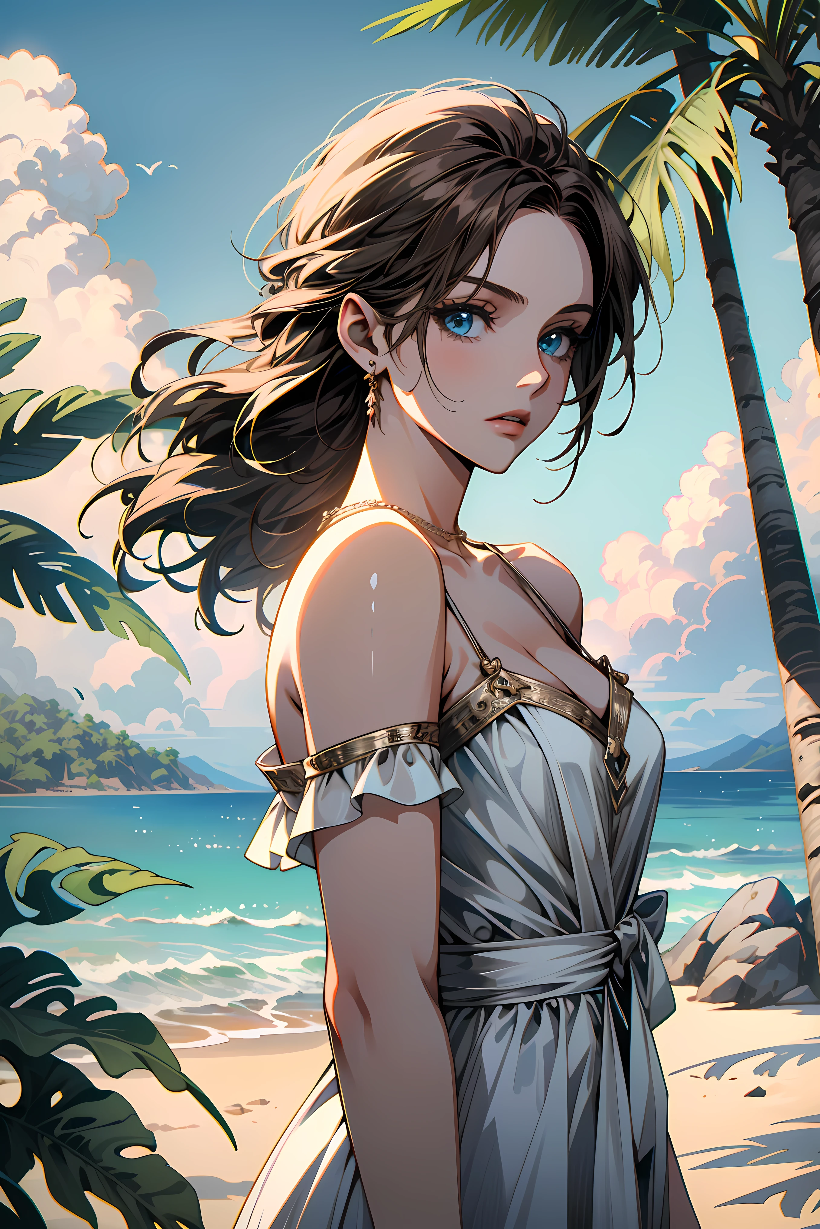 ((ultra detailed, masterpiece, absurdres))
RE2Claire, 1 , long hair, brown hair, blue eyes, On a tropical island, summer dress, palm trees