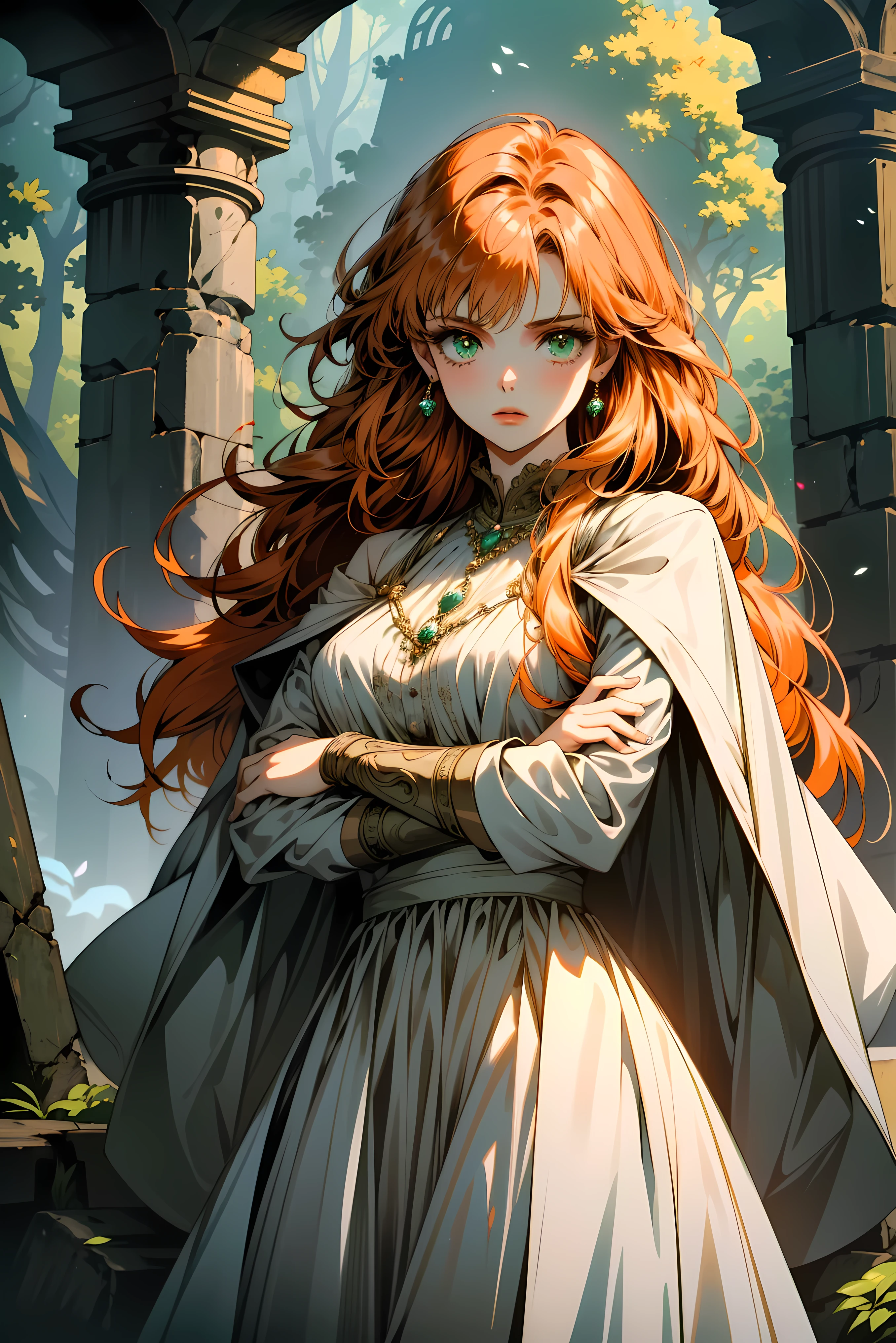 ((ultra detailed, masterpiece, absurdres))
 , 1 , Alone, orange hair, Green eyes, Deep in a mystical forest, surrounded by ancient ruins, wearing an ethereal, Flowing dress, with arms crossed