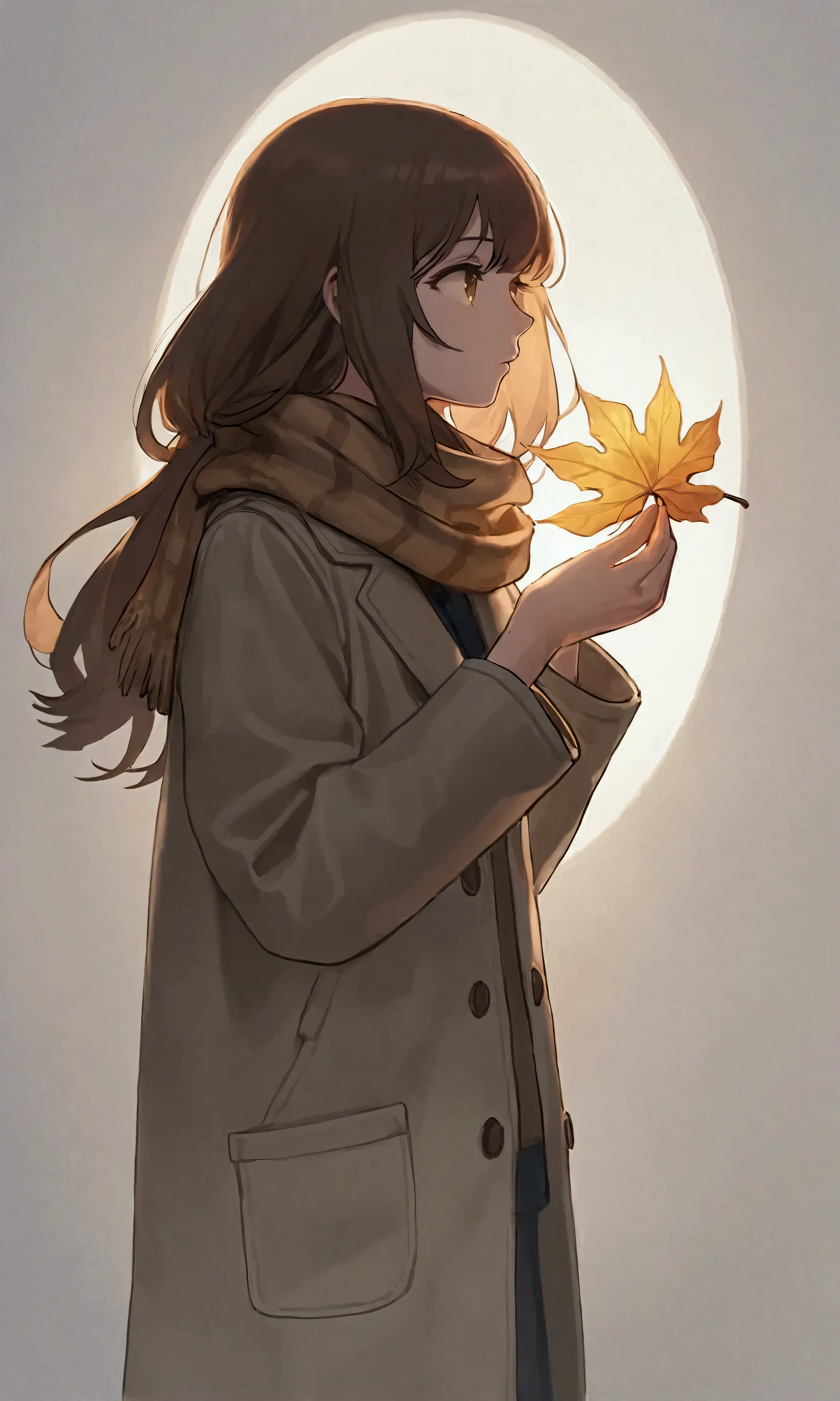 
(autumn colored soft layer),(solo),1girl\(long brown hair, cute, autumnal attire, scarf, coat, boots, pinching leaves\(which are shining golden through the sunlight),full body,looking away\\),(from side:1.5), long shot, (simple minimalism white background:1.5), BREAK ,quality\(masterpiece, best quality,8k,wallpaper of extremely detailed CG unit, high resolution, top-quality, top-quality real texture skin, hyper realistic, increase the resolution, RAW photos, best quality, highly detailed, the wallpaper,golden ratio,high saturation realism, vibrant colors, dramatic lighting, persuasive storytelling, atmospheric scenery, captivating visuals, intricate details, strong emotions,dreamlike world\),
