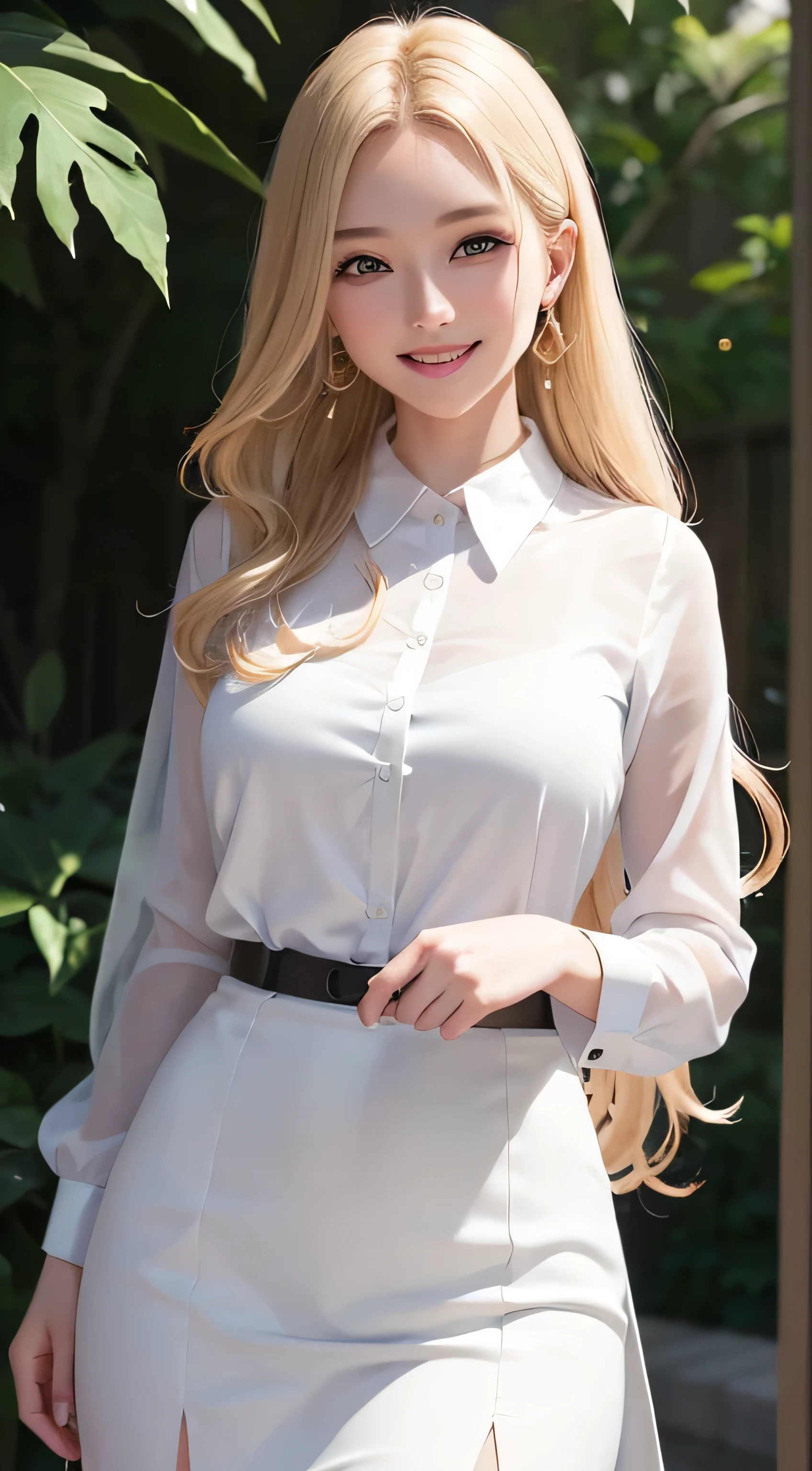 (((Blonde、forehead、White background、シンプルな無地のWhite background、Frills、race、Black clothes、belt)))、Highest quality, White skin, Real human skin, (Detailed face), Oval Face, pores, Ultra-high resolution, (8K, RAW Photos, Realistic:1.4), One girl, slim, (She looks straight at the viewer with a calm, goddess-like happiness.:1.2), (Lifter Gloss, eyelash, Shiny surface, Highest quality, Ultra-high resolution, Wide lighting, Natural Shading), Teacher Fashion, No sleeve, dress, Put your arms behind your back:1.3,  Bokeh, Depth of written boundary, Cowboy Shot:1.3,