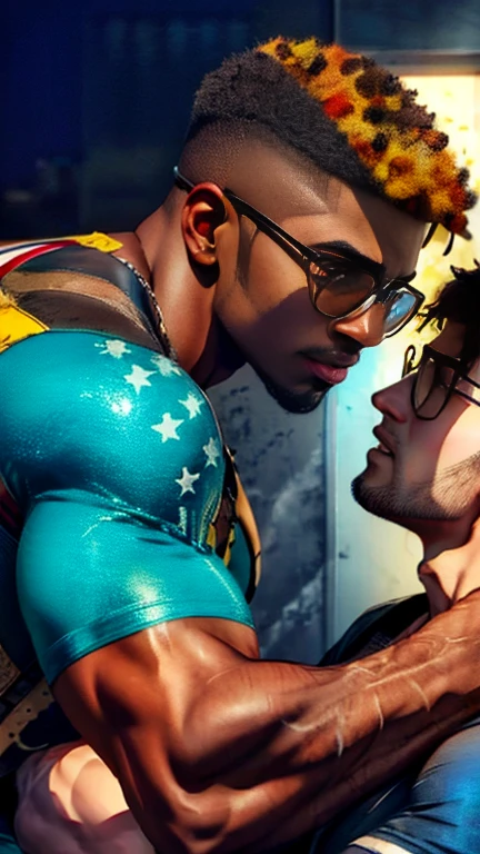 marvel comic panel, Sam Wilson kissing a brown haired trans guy, with vitiligo, Left eye blue and right eye brown, with round glasses and grunge style clothes