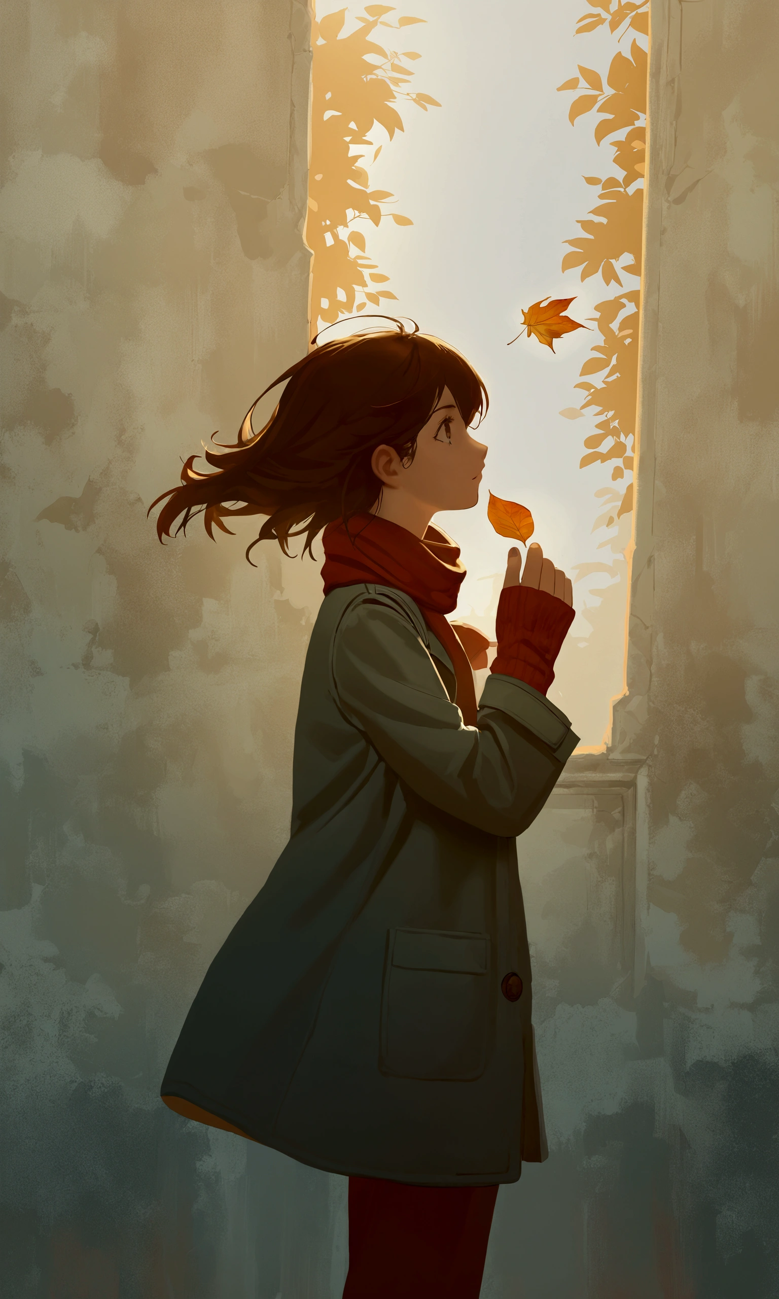 
(autumn colored soft layer),(solo),1girl\(long brown hair, cute, autumnal attire, scarf, coat, boots, pinching leaves\(which are shining golden through the sunlight),full body,looking away\\),(from side:1.5), long shot, (simple minimalism white background:1.5), BREAK ,quality\(masterpiece, best quality,8k,wallpaper of extremely detailed CG unit, high resolution, top-quality, top-quality real texture skin, hyper realistic, increase the resolution, RAW photos, best quality, highly detailed, the wallpaper,golden ratio,high saturation realism, vibrant colors, dramatic lighting, persuasive storytelling, atmospheric scenery, captivating visuals, intricate details, strong emotions,dreamlike world\),
