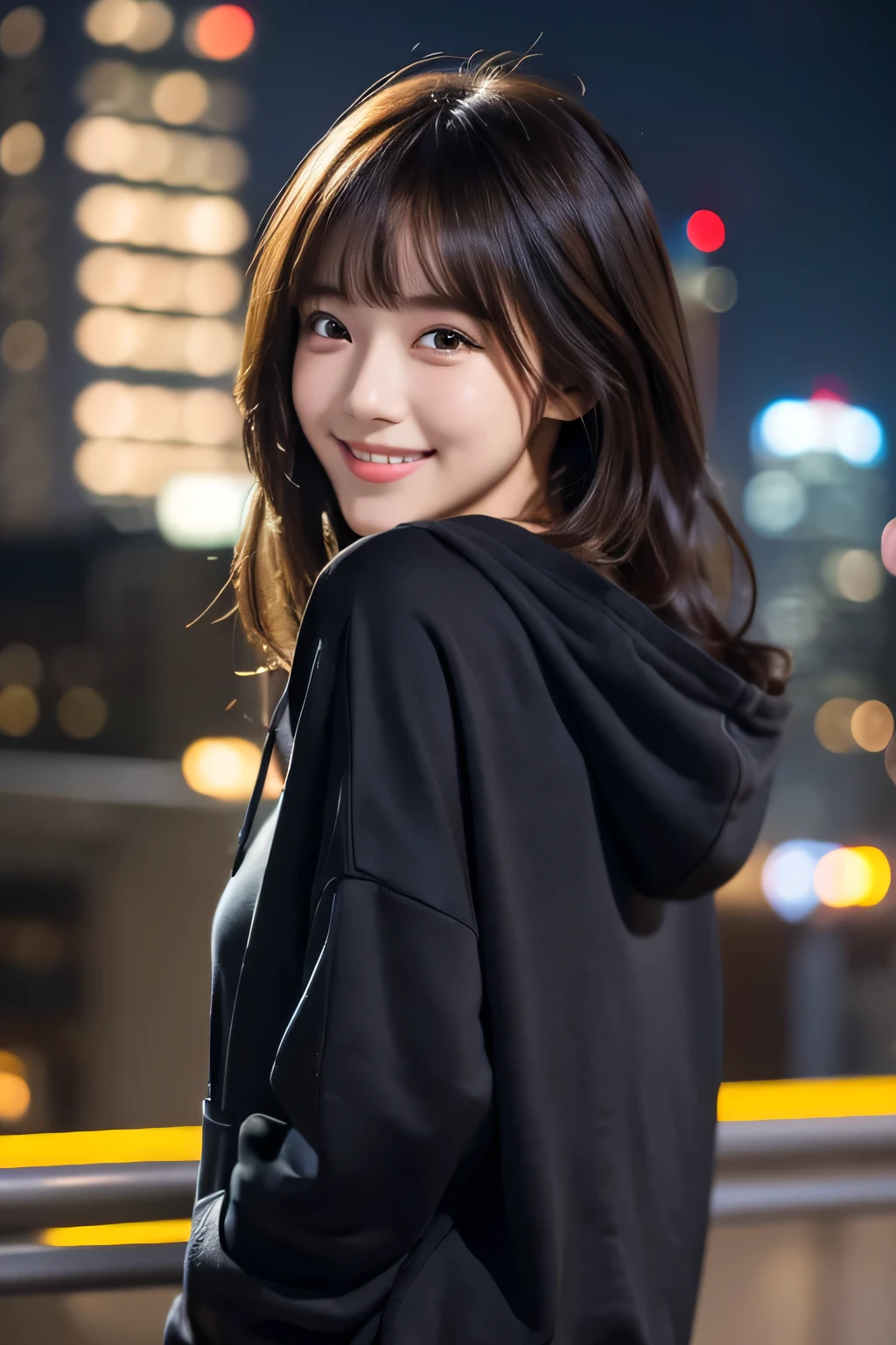 (8k, RAW photo, best quality, masterpiece:1.2), ultra detailed, ultra high res,
(realistic, photo realistic:1.37), high detail RAW color photo, professional photograph,
an extremely delicate and beautiful, extremely detailed, 8k wallpaper, Amazing, finely detail, huge file size, official art, extremely detailed CG unity 8k wallpaper,
extremely detailed beautiful girl, extremely detailed face, extremely detailed eyes, extremely detailed skin, extremely detailed fingers, extremely detailed nose, extremely detailed mouth,  perfect anatomy, highly detailed background, extremely detailed clothing,
1girl, (18 years old:1.2), teenage, cute girl, famous japanese idol, kawaii,
(small breasts:1.2), realistic body, ,
fair skin, shiny skin, slender body, good figure,
black hair, long straight hair, (blunt bangs:1.2),
smile, cute, young, cute face, baby face, realistic face,
beautifully detailed eyes, drooping eyes, beautiful big eyes, large dark eyes, beautiful and clear eyes,
hoodie,lonp sleeve, short pants, thigh, 
looking at viewer, cowboy shot, front view, standing posture, contrapposto,
outdoors, (night:1.2), neon city, neon light, neon sign, public, crowd,
dynamic lighting,