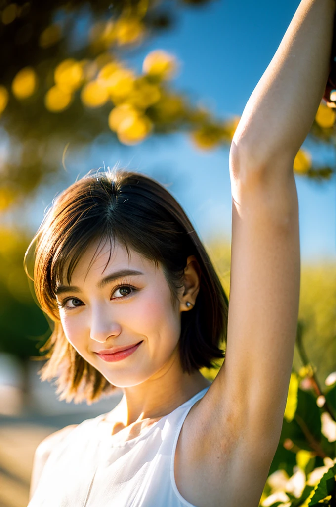 top-quality、(8K、realistic skin textures、detailed skin textures、Detailed facial appearance)softlighting、(depth of fields)、超A high resolution、(Photorealsitic:1.4)、RAW photography、Underarms、Hairy axillary、Realistic armpits、Delicate textured armpits、Underarms、White bra、white  panties、(porate:1.4)、(From the front side) 1日本人の***、独奏、underwear、shooting full body、standing、(Underarms、showing armpit、Armpit posture)、(Full of shyness、A smile: 1.1)、(with brown eye)、Detailed beautiful faces、(mid day_Hair)、sit on a bed、(White underwear)、Bright red lipstick、ponytail haircut、A smile、The armpits glow under the light、Sweaty and shiny armpits