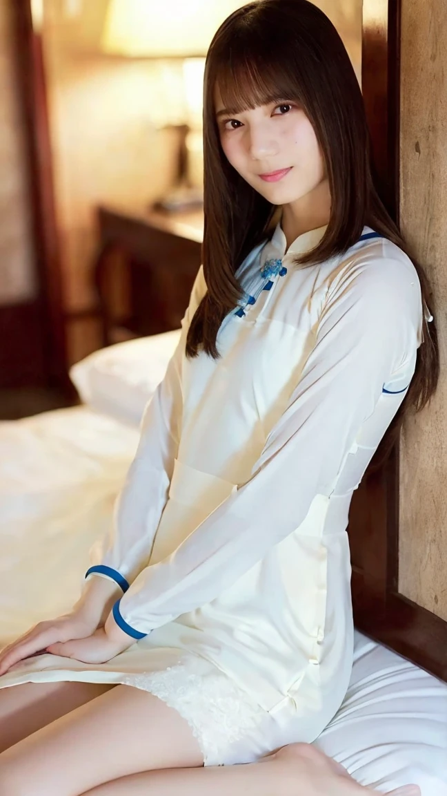 One Girl,(Ao dai with transparent skin:1.4),(Body-hugging tight clothing:1.3),(RAW Photos, Best Quality),Hotel Bedroom,(moonlight:1.4),Knight,,(Realistic, photo-Realistic:1.2), ,((16years old):1.6),(Petite body:1.2),(low length:1.4),masterpiece,Young  ,Very delicate and beautiful, 非常にdetailed, 2k, wonderful, detailed, 非常にdetailed  8k , 非常にdetailed, High resolution, Moody lighting, 美しいdetailedな***, 非常にdetailed eyes and face, Beautiful and detailed nose, Attention to beautiful details,whole body,Perfect Anatomy,Slender body,(Long hair with bangs),sexy,whole bodyのポートレート,