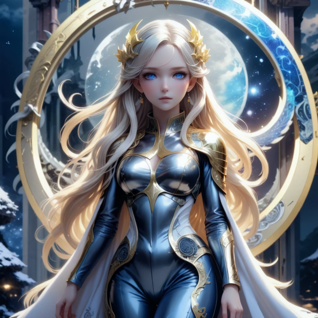 Anime style female character inspired by vintage space opera aesthetics, with elongated facial features, 165 cm tall, having blond, waist-length, wavy hair with V bangs, and blue eyes. She is wearing tight skinny jeans with high boots over them, adding an equestrian touch to her ensemble. The character's design reflects a blend of space opera elements and a realistic body proportion, highlighting her strong yet feminine presence.