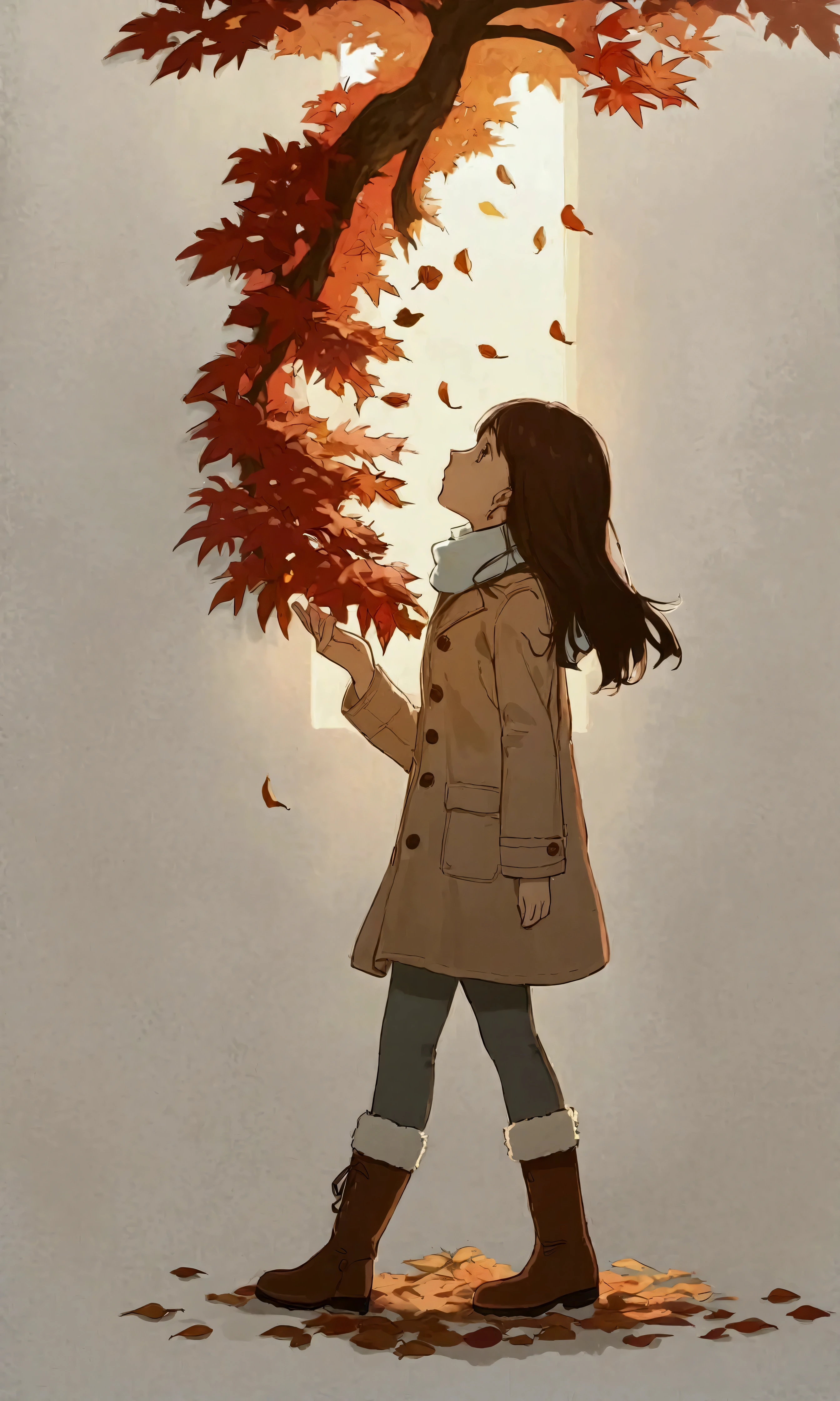 
(autumn colored soft layer),(solo),1girl\(long brown hair, cute, autumnal attire, scarf, coat, boots, pinching leaves\(which are shining golden through the sunlight),full body,looking away\\),(from side:1.5), long shot, (simple minimalism white background:1.5), BREAK ,quality\(masterpiece, best quality,8k,wallpaper of extremely detailed CG unit, high resolution, top-quality, top-quality real texture skin, hyper realistic, increase the resolution, RAW photos, best quality, highly detailed, the wallpaper,golden ratio,high saturation realism, vibrant colors, dramatic lighting, persuasive storytelling, atmospheric scenery, captivating visuals, intricate details, strong emotions,dreamlike world\),
