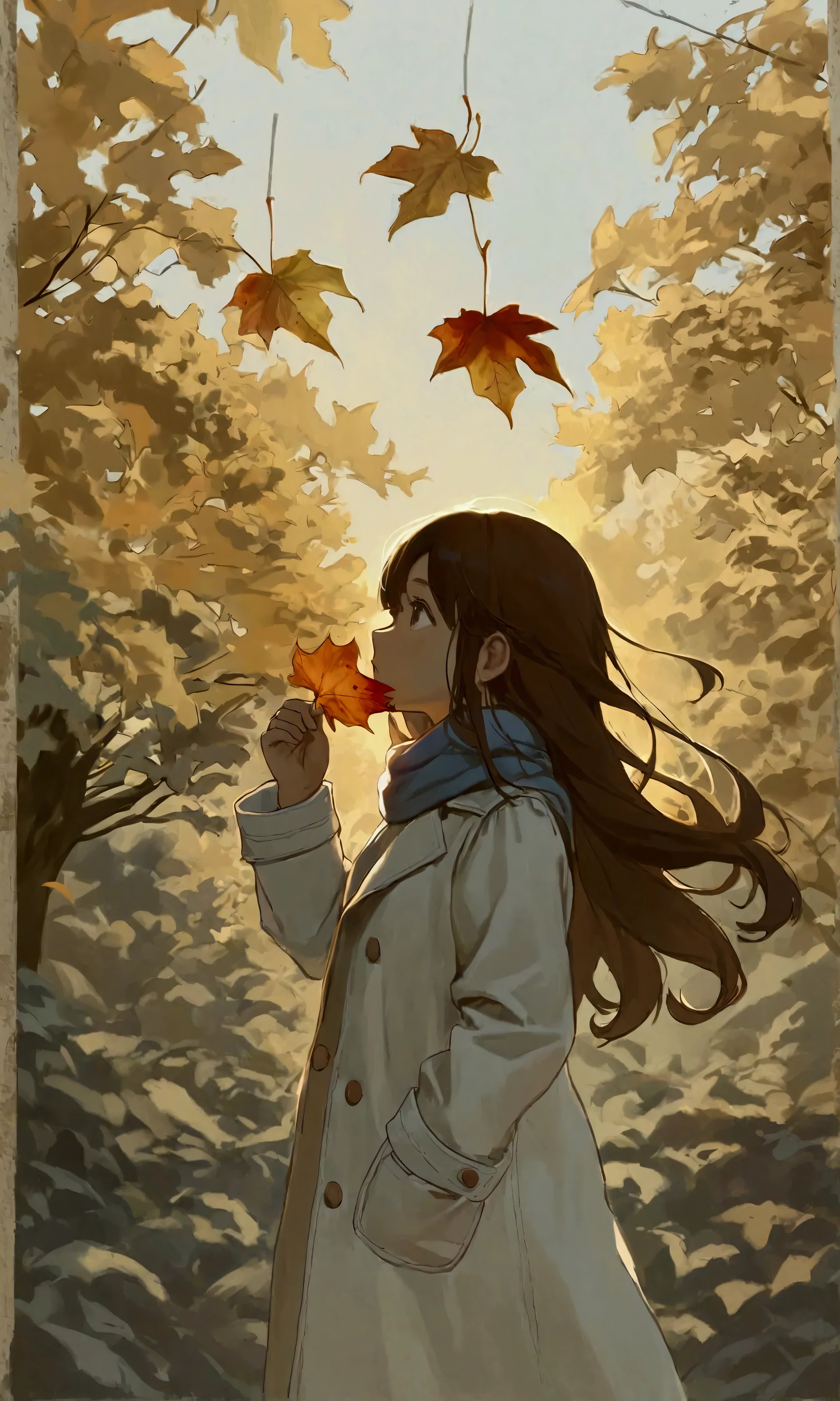 
(autumn colored soft layer),(solo),1girl\(long brown hair, cute, autumnal attire, scarf, coat, boots, pinching leaves\(which are shining golden through the sunlight),full body,looking away\\),(from side:1.5), long shot, (simple minimalism white background:1.5), BREAK ,quality\(masterpiece, best quality,8k,wallpaper of extremely detailed CG unit, high resolution, top-quality, top-quality real texture skin, hyper realistic, increase the resolution, RAW photos, best quality, highly detailed, the wallpaper,golden ratio,high saturation realism, vibrant colors, dramatic lighting, persuasive storytelling, atmospheric scenery, captivating visuals, intricate details, strong emotions,dreamlike world\),
