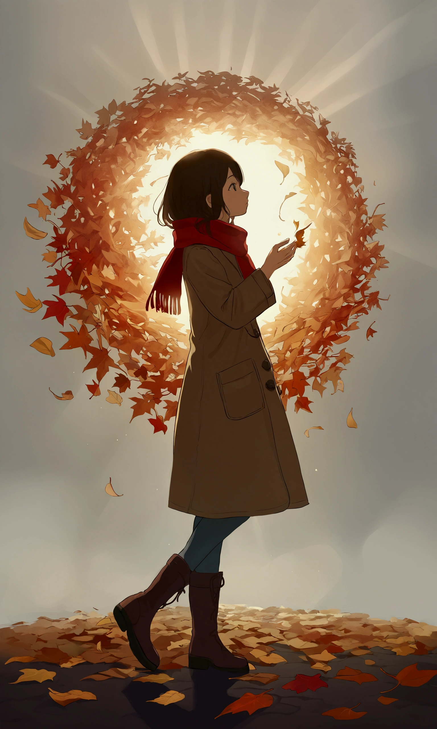 
(autumn colored soft layer),(solo),1girl\(long brown hair, cute, autumnal attire, scarf, coat, boots, pinching leaves\(which are shining golden through the sunlight),full body,looking away\\),(from side:1.5), long shot, (simple minimalism white background:1.5), BREAK ,quality\(masterpiece, best quality,8k,wallpaper of extremely detailed CG unit, high resolution, top-quality, top-quality real texture skin, hyper realistic, increase the resolution, RAW photos, best quality, highly detailed, the wallpaper,golden ratio,high saturation realism, vibrant colors, dramatic lighting, persuasive storytelling, atmospheric scenery, captivating visuals, intricate details, strong emotions,dreamlike world\),
