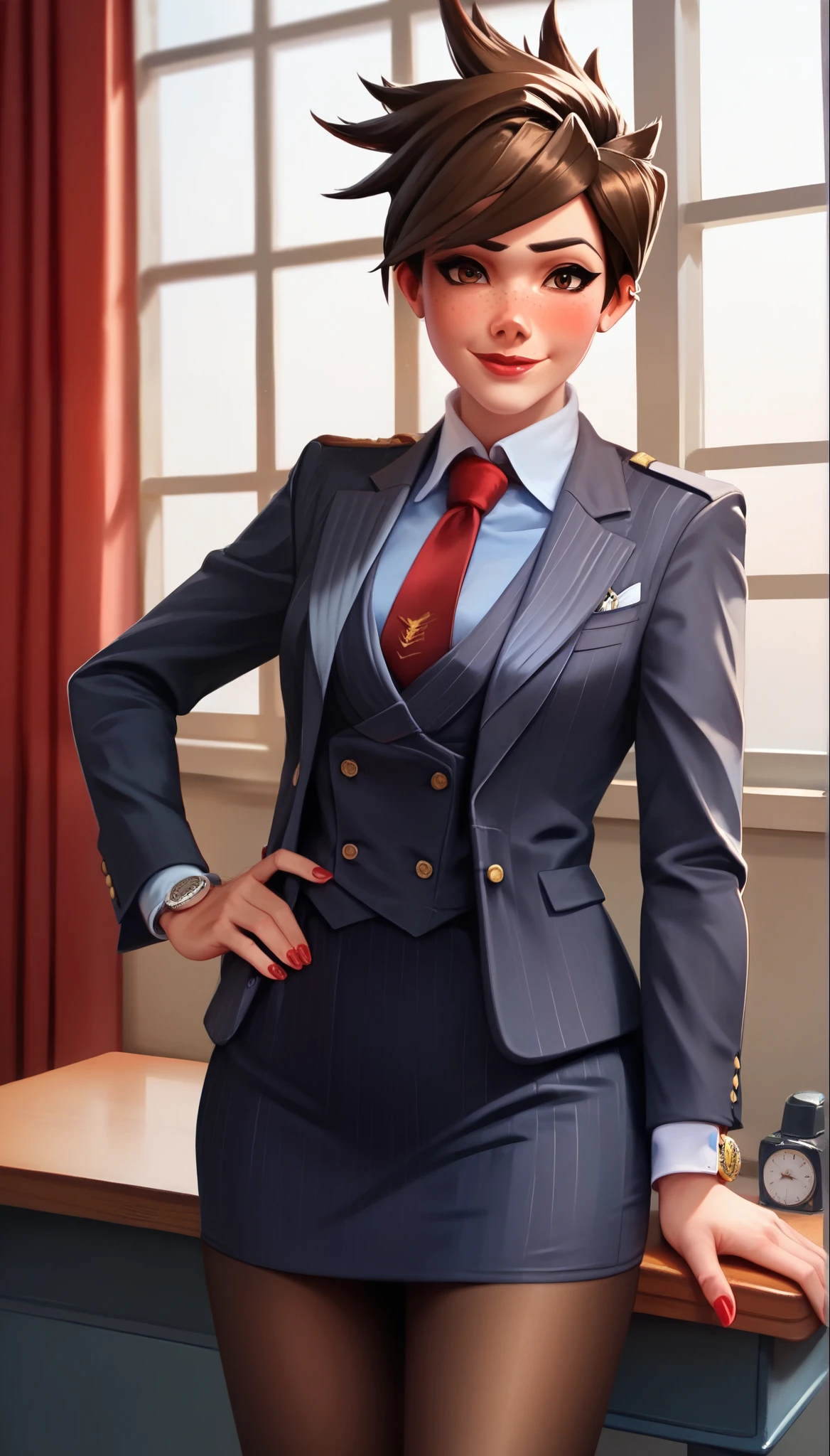 score_9, score_8_up, score_7_up, score_6_up, source_anime,  three-piece suit, tracer, 1girl, solo, brown hair, short hair, freckles, smile, pretty, formal, jewelry, navy pinstripe suit, red silk necktie, earrings, jacket, shirt, standing, hand on hip, window, black eyes, watch, navy pinstripe jacket, wristwatch, light blue shirt with white collar, red lips, navy pinstripe skirt, makeup, black pantyhose, cufflinks, black lapel trim, brown eyes, red nails,High Resolution, Blush, white cuffs, hand on desk, 