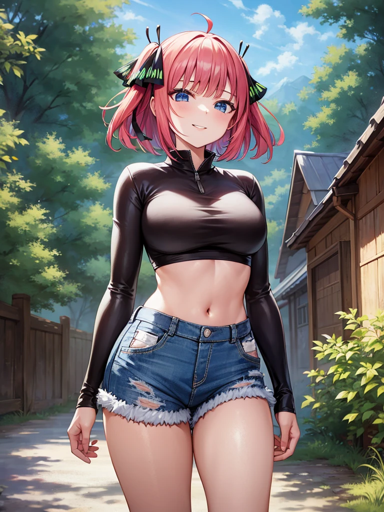 ((High Quality image 10k)) (( perfect autonomy)) Masterpiece, solo girl, brown eyes, red hair, wearing sleeveless black shirt, blue jean shorts, shorts are falling down, cute panties, sexy panties, evil smug grin, Standing, in the park