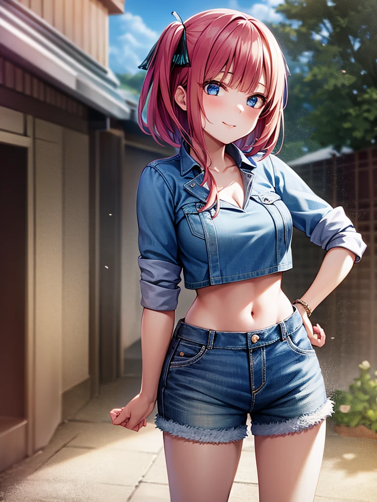 Girl, short tight shorts, Shirt unbuttoned, Bare breasts, chest visible, street background, openlegs, Narrow passage between houses, night, rain, slim body, slim ass, Sneakers, In full growth, twin tail, smile