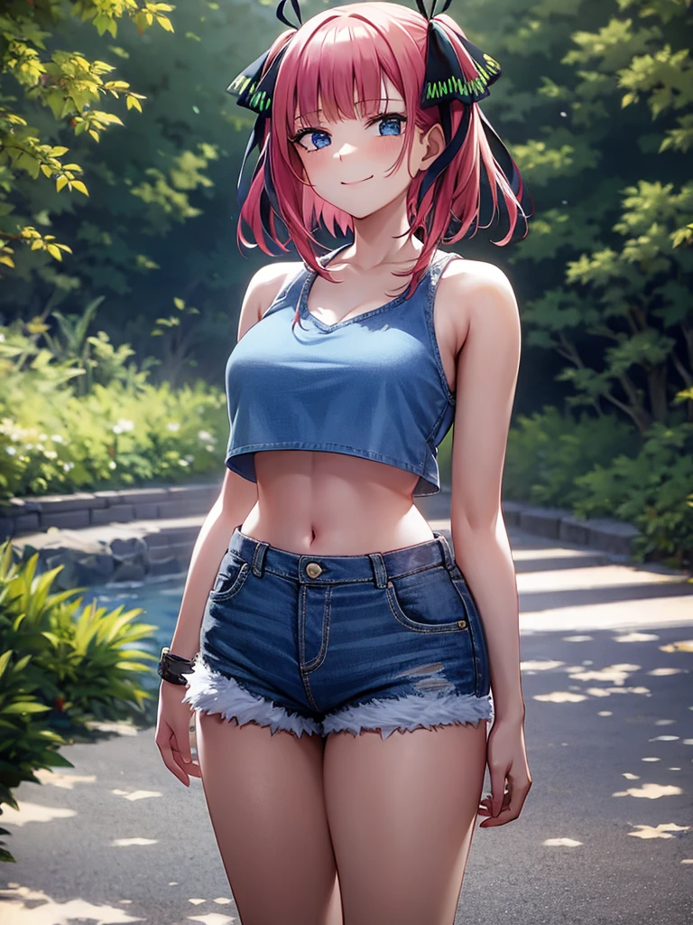 headshades, flat chest, bandeau, (wide hips:1.2), from below, looking at viewer, looking down, jean shorts, cityscape, :o, <lora:SunglassesOnHead:0.6>