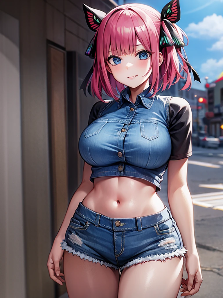 (Best Quality, 4K, 8K, hight resolution, masutepiece:1.2), Pink hair、bobhair、her breasts are beautiful and big。In the middle of a scramble crossing。crowded with passersby。Stand still and pull down pants、Showing sheer panties。shame。twinsies。Wearing a large white coarse sweater and damaged denim pants。The other person is chained to a collar and walking on all fours, completely naked.。