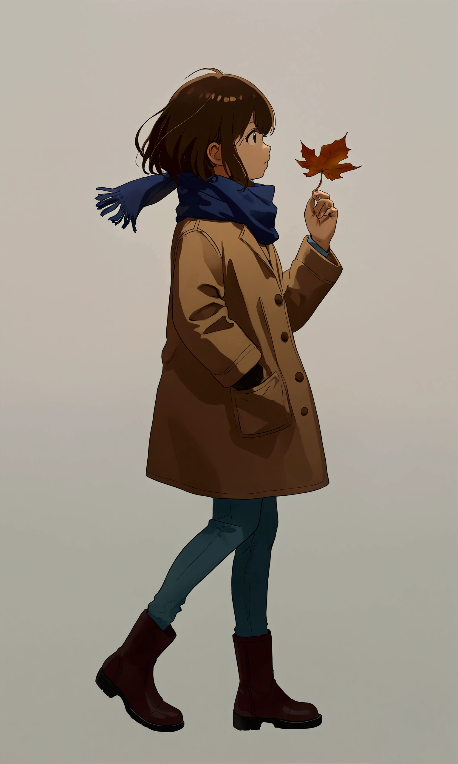 
(autumn colored soft layer),(solo),1girl\(long brown hair, cute, autumnal attire, scarf, coat, boots, pinching leaves\(which are shining golden through the sunlight),full body,looking away\\),(from side:1.5), long shot, (simple minimalism white background:1.5), BREAK ,quality\(masterpiece, best quality,8k,wallpaper of extremely detailed CG unit, high resolution, top-quality, top-quality real texture skin, hyper realistic, increase the resolution, RAW photos, best quality, highly detailed, the wallpaper,golden ratio,high saturation realism, vibrant colors, dramatic lighting, persuasive storytelling, atmospheric scenery, captivating visuals, intricate details, strong emotions,dreamlike world\),
