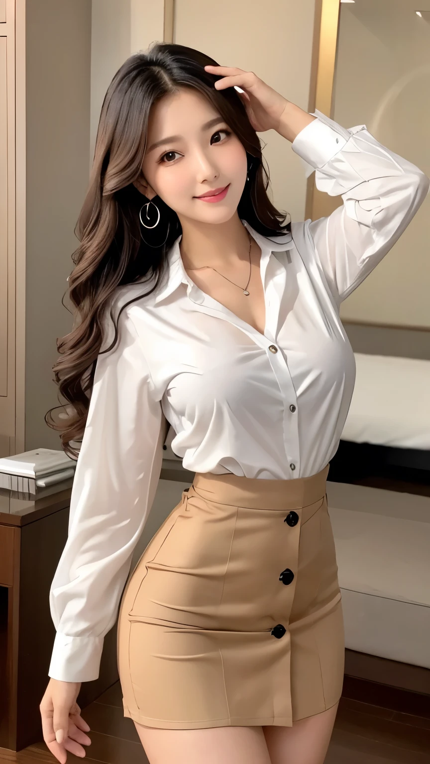 Best Quality、Top image quality、Ultra HD Images、((1人の女性、View photographer))、((Well-formed face、Actress face、Model face))、 back pose back view、stick out buttocks、 waist shot、waist up portrait、 Looking from behind、((Blue Business Suit、blue office lady uniform、blue office wear、Blue tight skirt、Stockings))、Light brown long wavy hair、Brown wavy hair