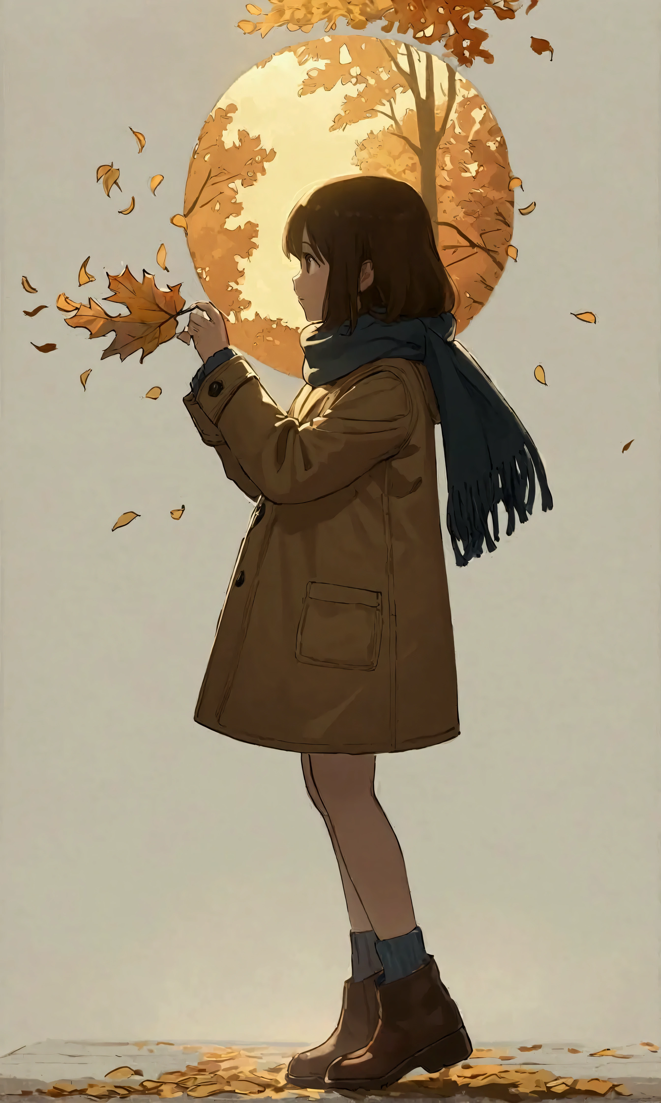 (solo),1girl\(long brown hair, cute, autumnal attire, scarf, coat, boots, pinching leaves\(which are shining golden through the sunlight),full body,looking away\\),(from side:1.5), long shot, (simple minimalism white background:1.5), BREAK ,quality\(masterpiece, best quality,8k,wallpaper of extremely detailed CG unit, high resolution, top-quality, top-quality real texture skin, hyper realistic, increase the resolution, RAW photos, best quality, highly detailed, the wallpaper,golden ratio,high saturation realism, vibrant colors, dramatic lighting, persuasive storytelling, atmospheric scenery, captivating visuals, intricate details, strong emotions,dreamlike world\),