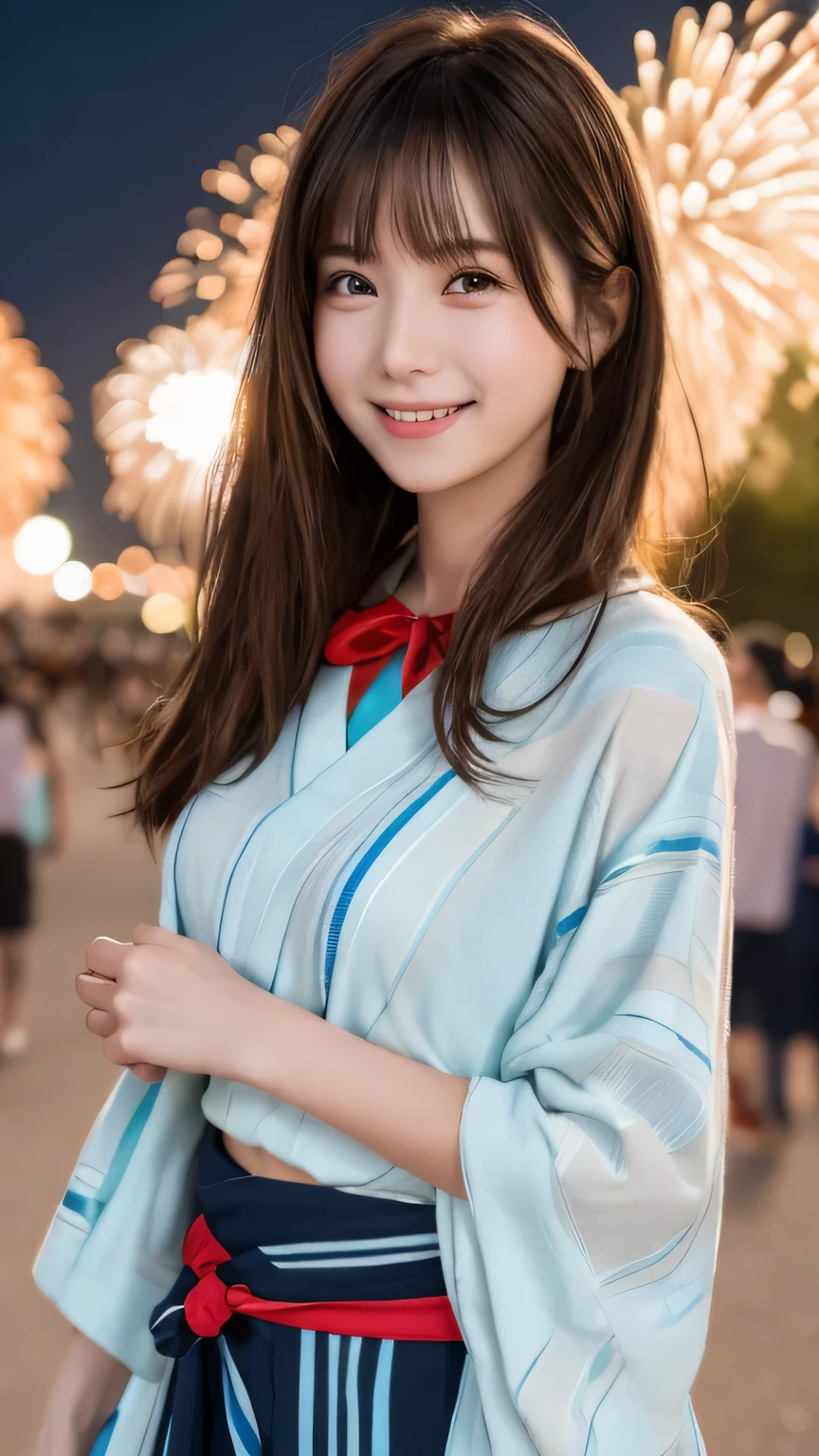 smile、high school girl、yukata、With fireworks in the background、Beautiful night view、