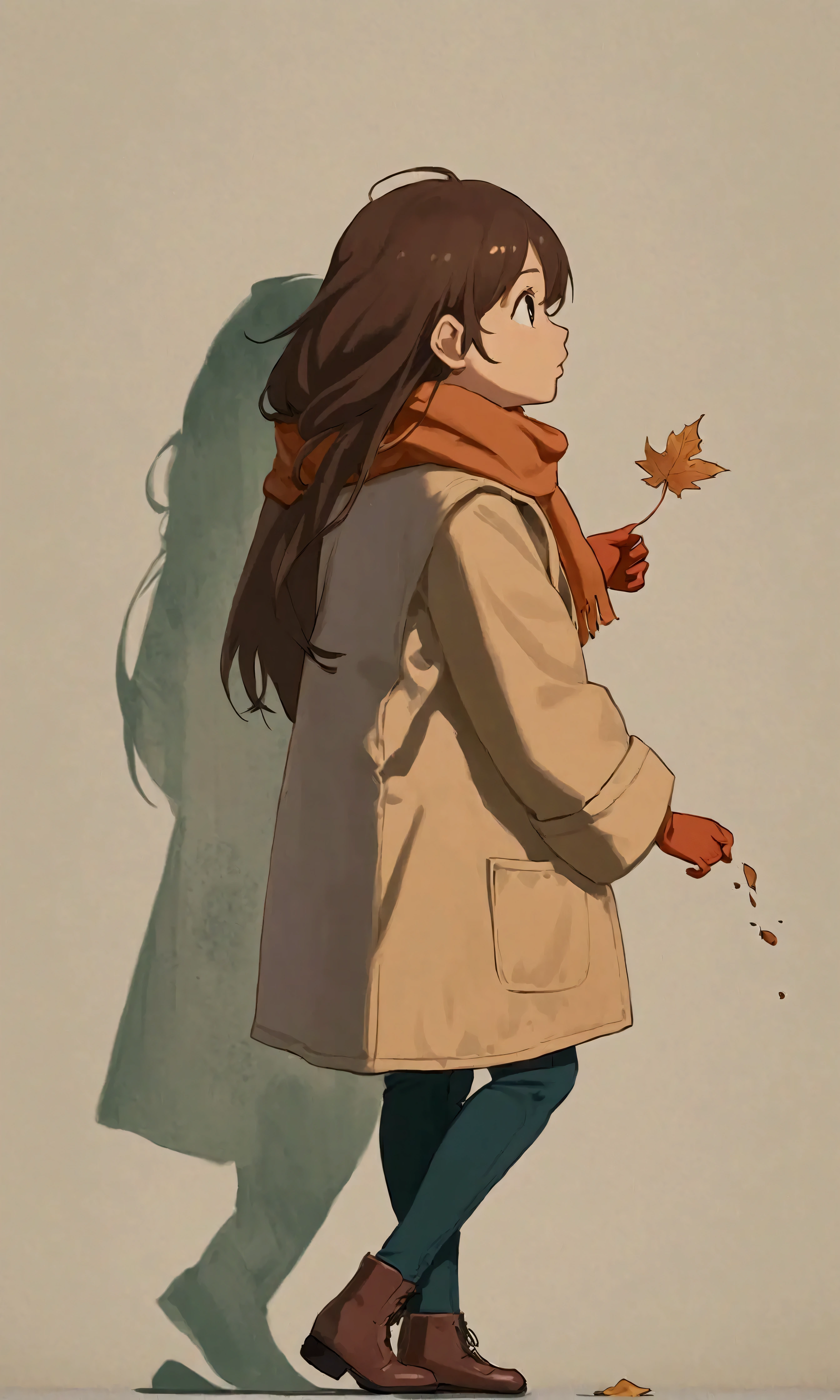 (solo),1girl\(long brown hair, cute, autumnal attire, scarf, coat, boots, pinching leaves\(which are shining golden through the sunlight),full body,looking away\\),(from side:1.5), long shot, (simple minimalism white background:1.5), BREAK ,quality\(masterpiece, best quality,8k,wallpaper of extremely detailed CG unit, high resolution, top-quality, top-quality real texture skin, hyper realistic, increase the resolution, RAW photos, best quality, highly detailed, the wallpaper,golden ratio,high saturation realism, vibrant colors, dramatic lighting, persuasive storytelling, atmospheric scenery, captivating visuals, intricate details, strong emotions,dreamlike world\),